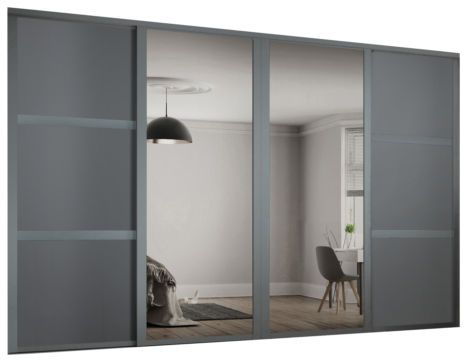 Spacepro Shaker Graphite 3 Panel Door & Silver Mirror Kit with Colour Matched Track - 2 x 762mm
