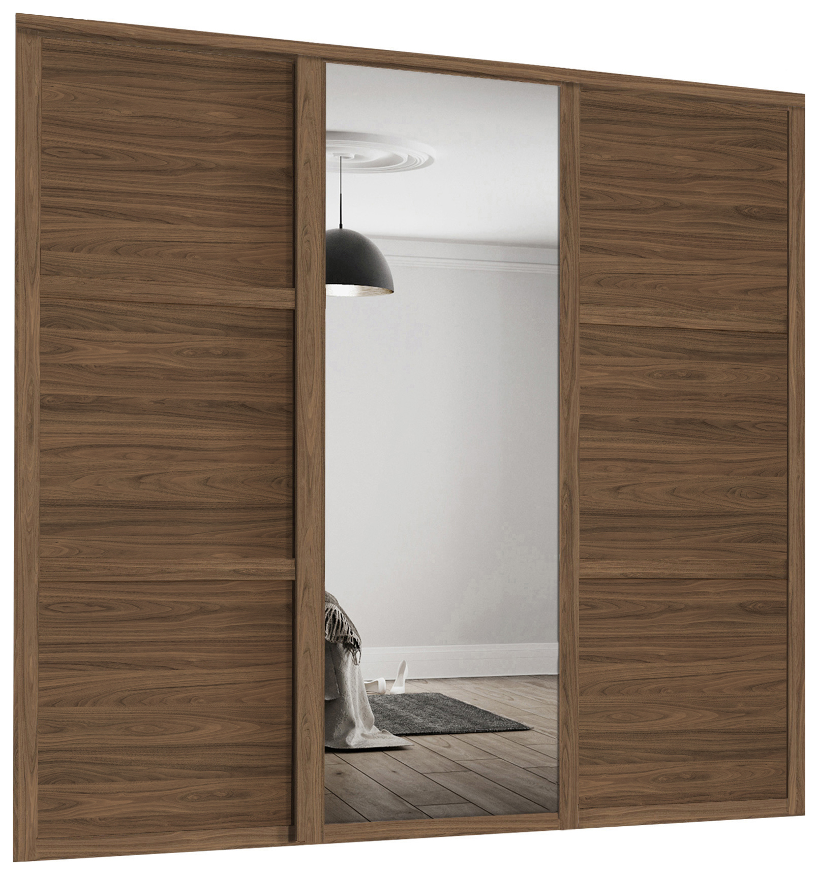 Spacepro Shaker Carini Walnut 3 Panel Door & Silver Mirror Kit with Colour Matched Track - 2 x 762mm