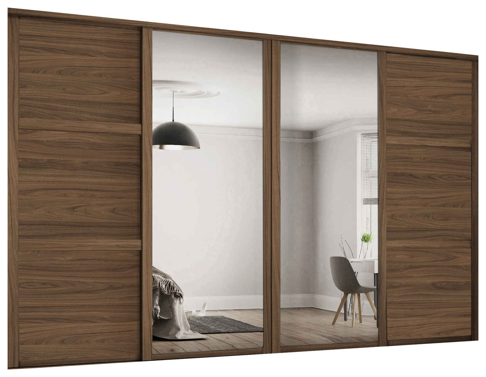 Spacepro Shaker Carini Walnut 3 Panel Door & Silver Mirror Kit with Colour Matched Track - 2 x 762mm