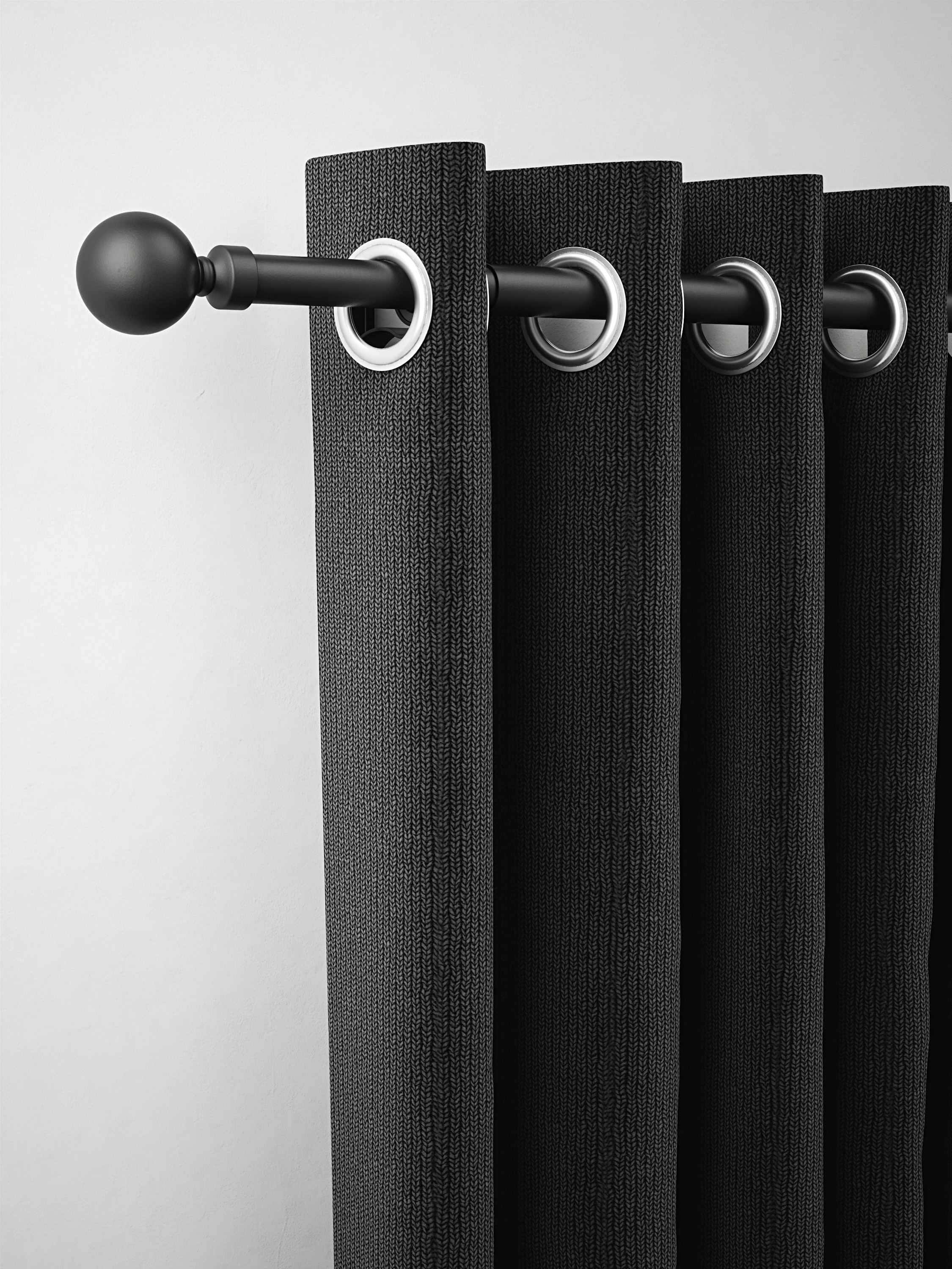 Image of Rothley Matt Black Steel Extendable Curtain Pole with a Solid Orb Finial - 125-216cm