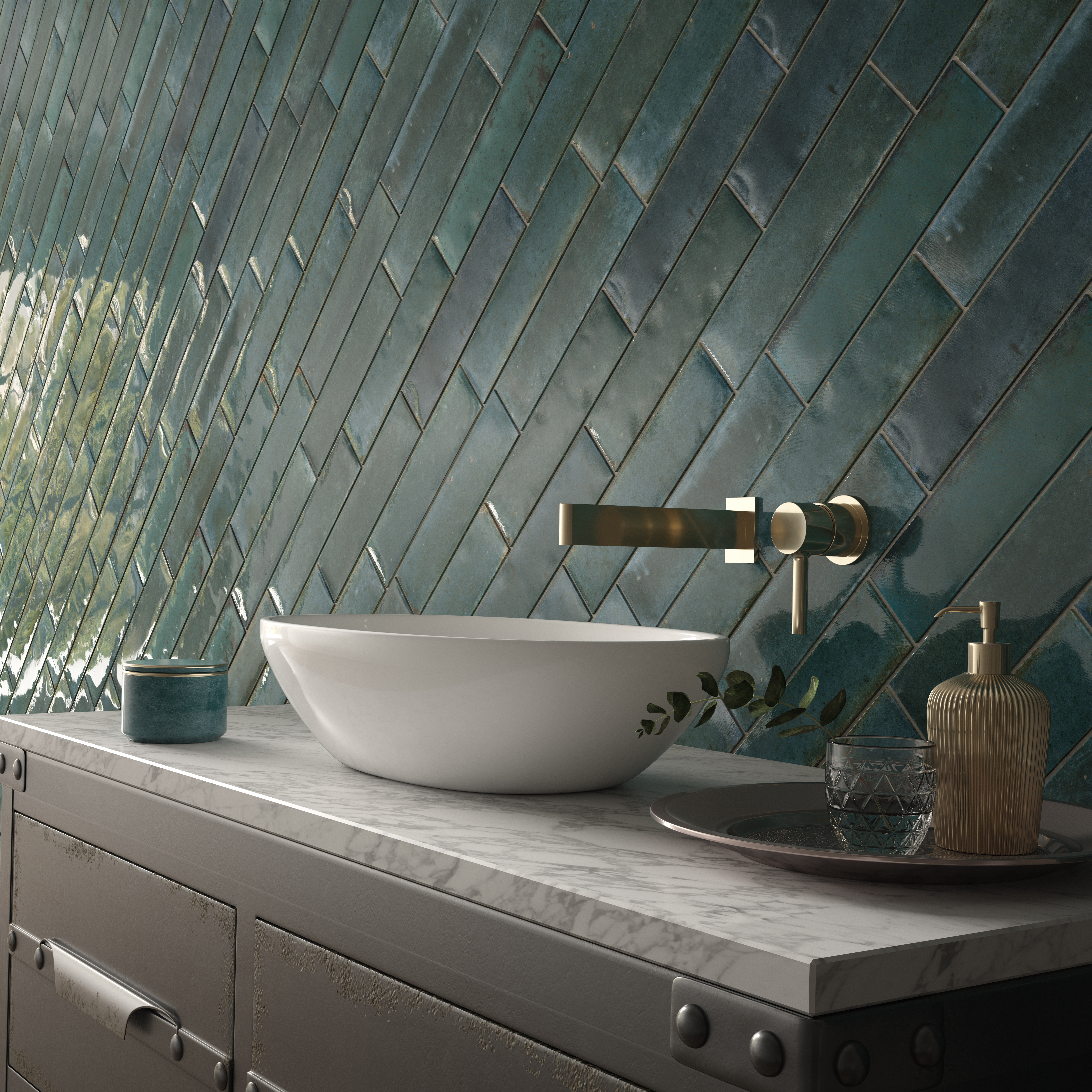 Wickes Boutique Wisteria Rustic Blue Gloss Ceramic Wall Tile - 300 x 75mm - Pack of 44