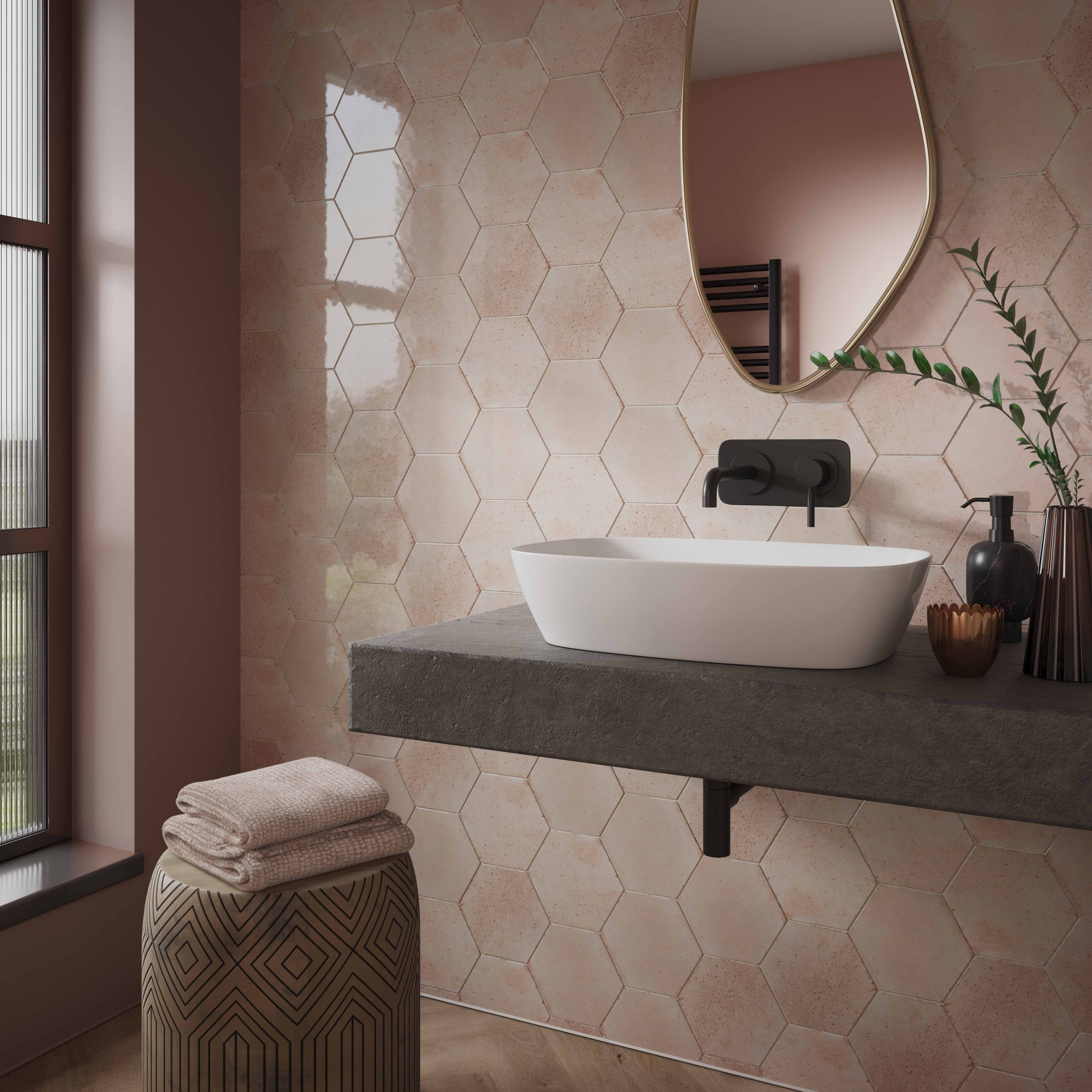 Wickes Boutique Wisteria Hexagon Rose Gloss Ceramic Wall Tile - 173 x 150mm - Pack of 44