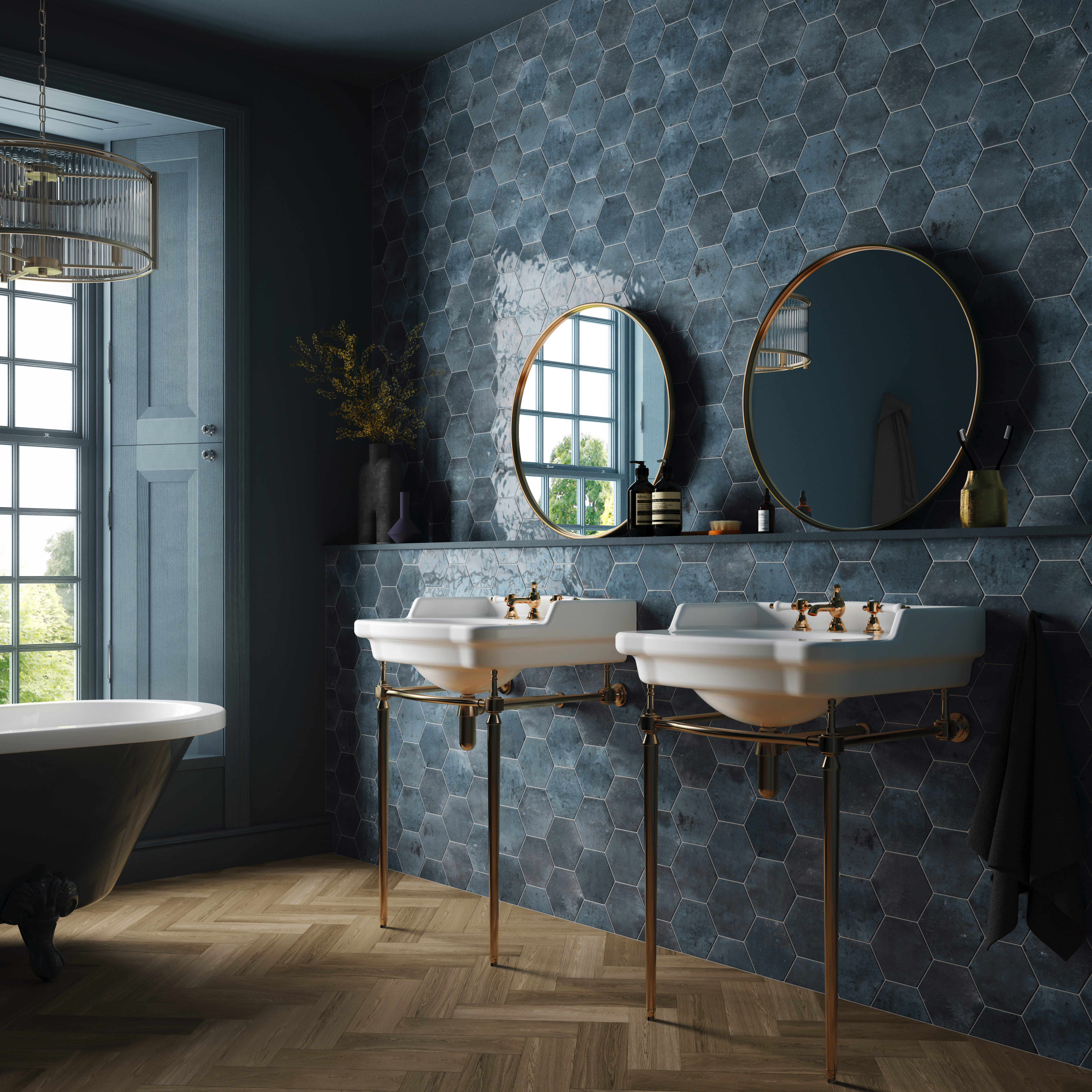 Wickes Boutique Wisteria Hexagon Blue Gloss Ceramic Wall Tile - 173 x 150mm - Pack of 44