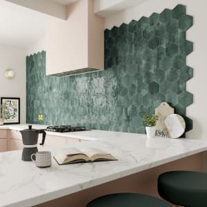 Wickes Boutique Wisteria Hexagon Green Gloss Ceramic Wall Tile - 173 x 150mm - Pack of 44