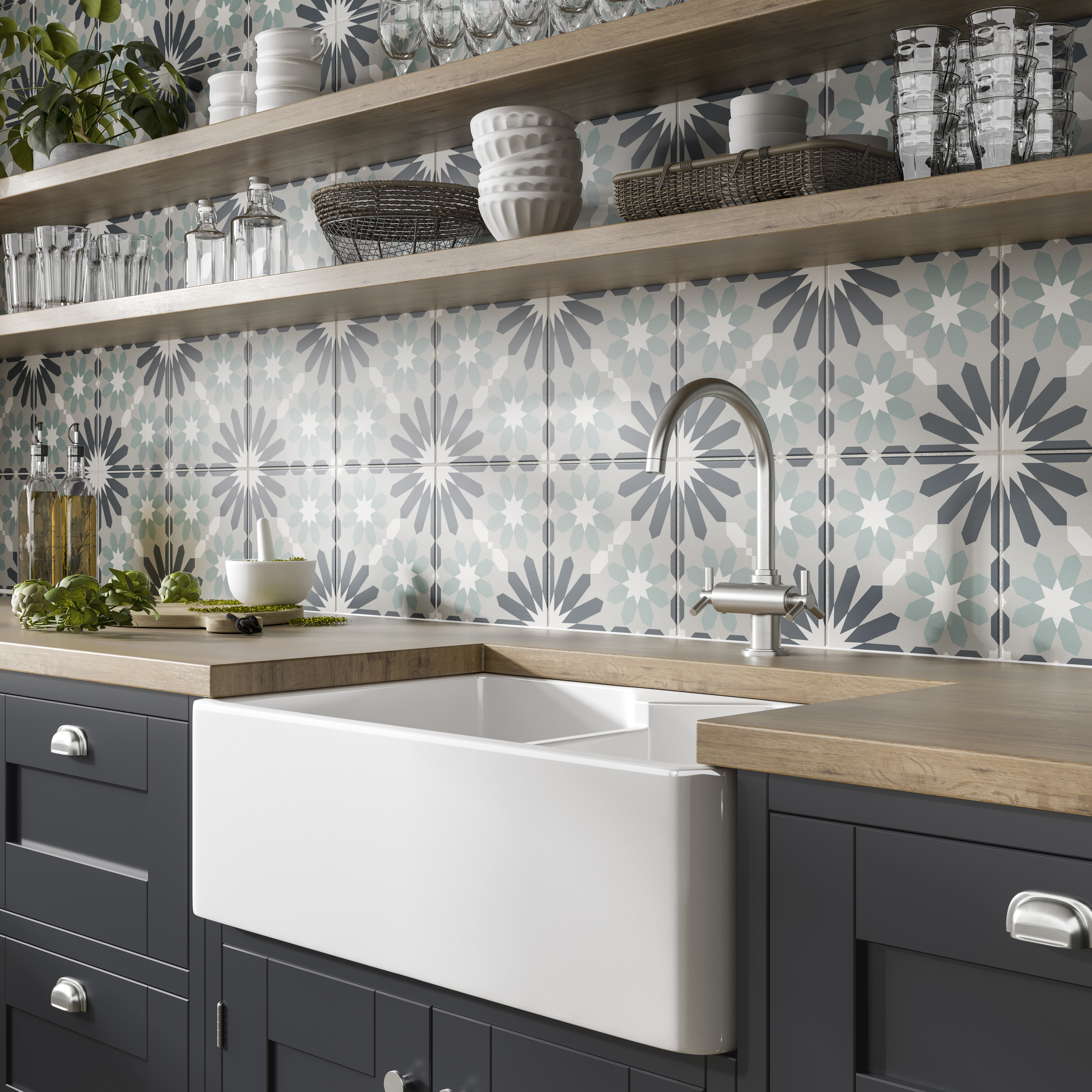 Wickes Boutique Gilbert Patterned Matt Ceramic Wall & Floor Tile - 250 x 250mm - Pack of 16
