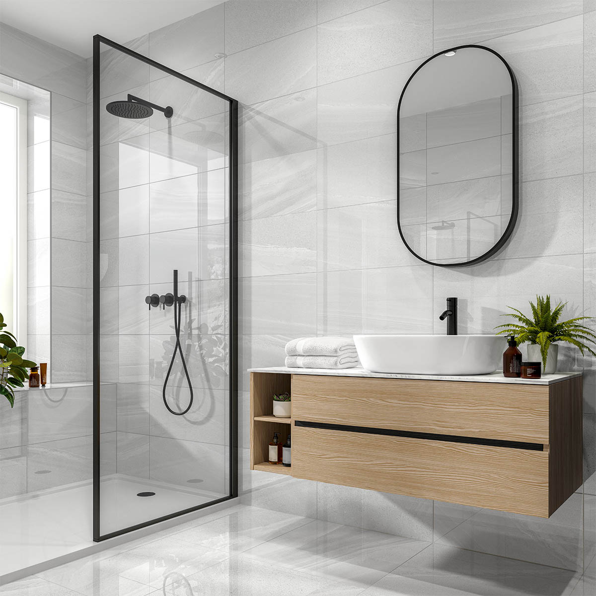 Wickes Boutique Anderson Light Grey Polished Porcelain Wall & Floor Tile - 600 x 600mm - Pack of 3