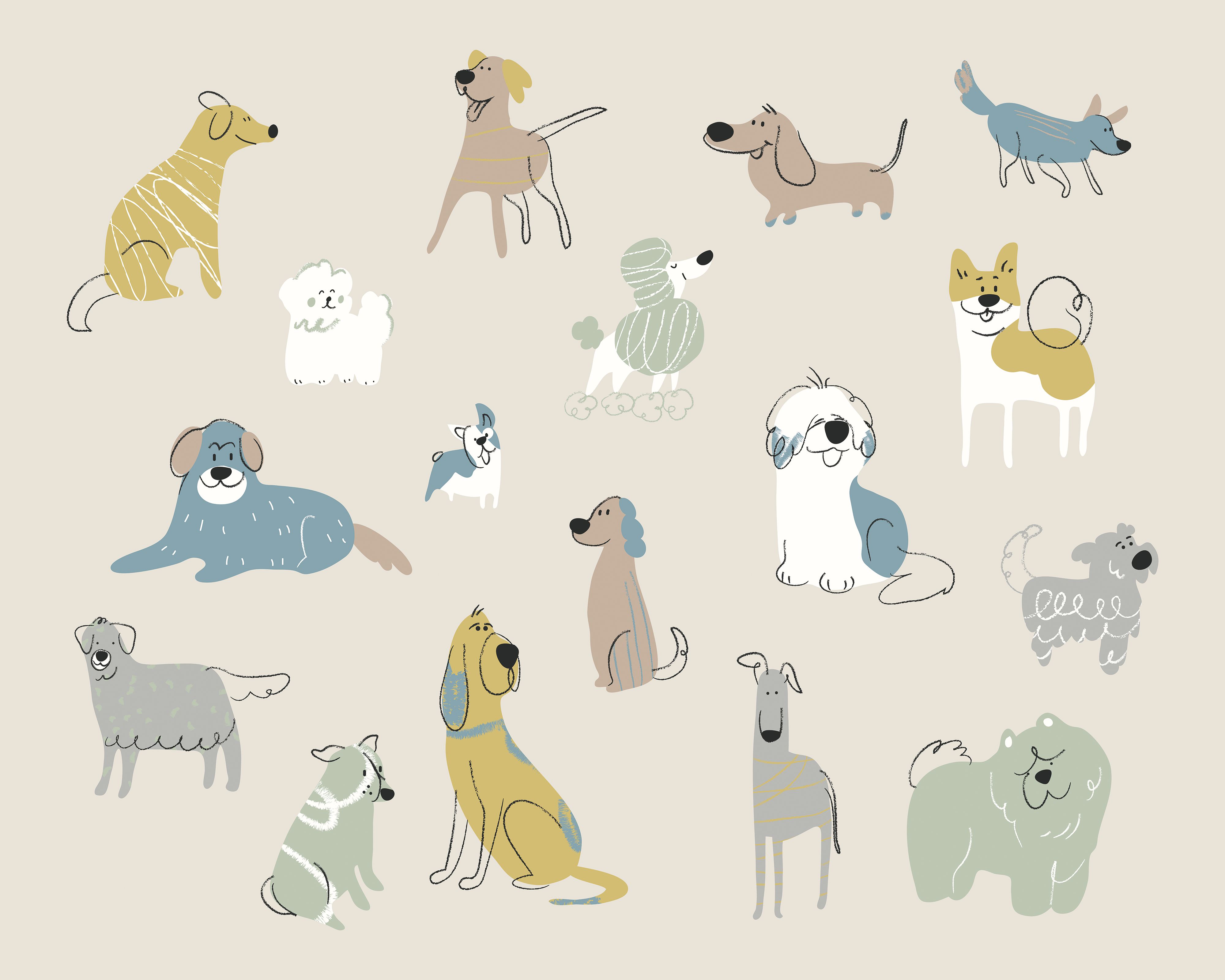 Image of Origin Murals Happy Dogs Grey Wall Mural - 3 x 2.4m