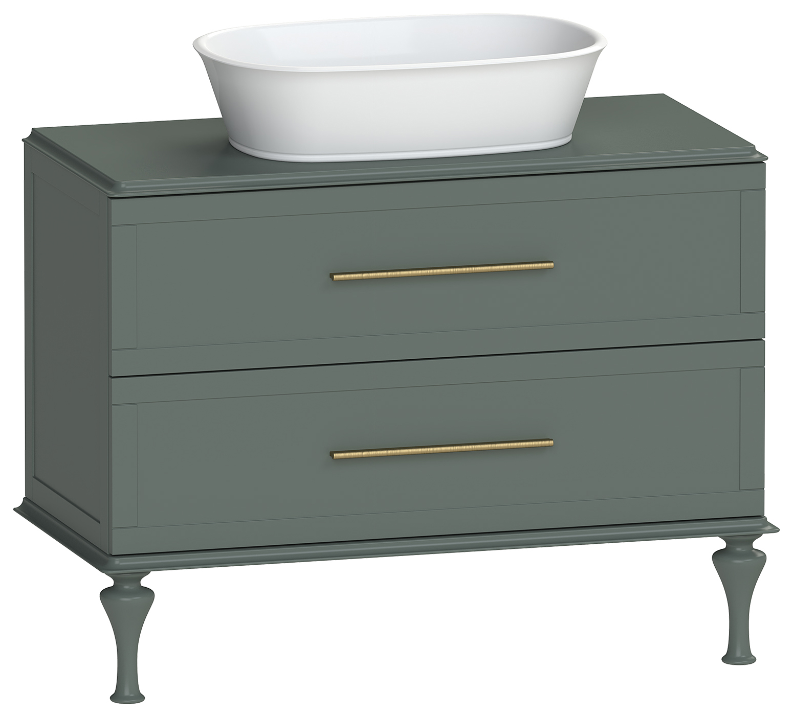 Duarti by Calypso Kentchurch Juniper Green Vanity with Hanbury Countertop Basin, 200mm Legs, Worktop & Brass Handles - 1000mm