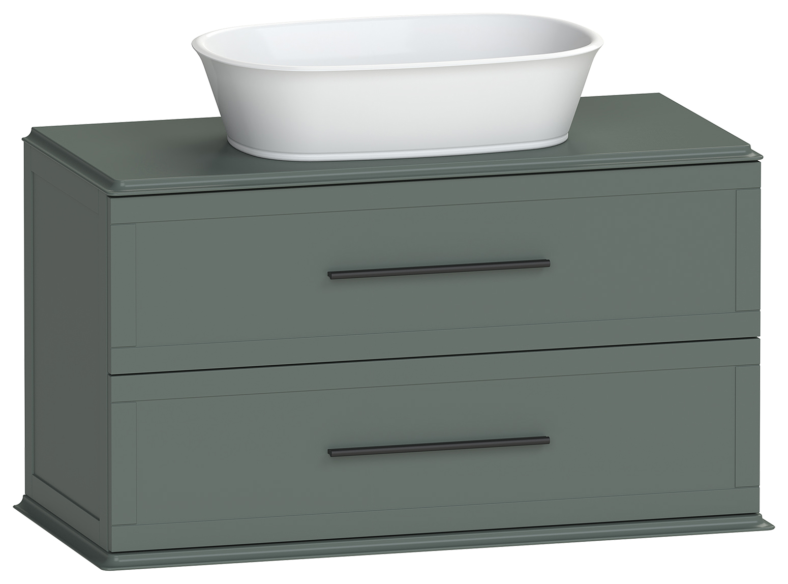 Duarti by Calypso Kentchurch Juniper Green Wall Hung Vanity with Hanbury Countertop Basin, Worktop & Black Handles - 1000mm