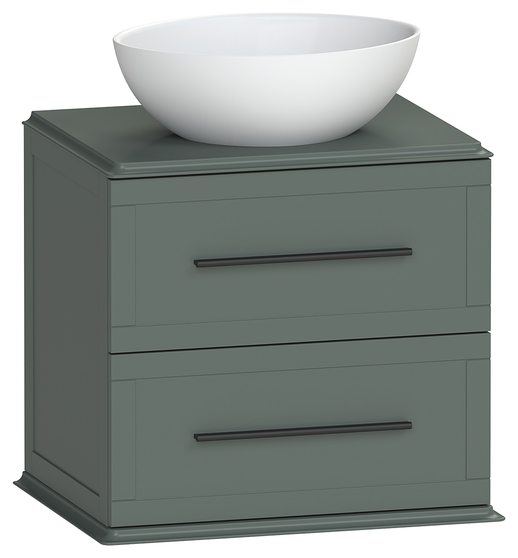 Duarti by Calypso Kentchurch Juniper Green Wall Hung Vanity with Bredon Countertop Basin, Worktop & Black Handles - 600mm