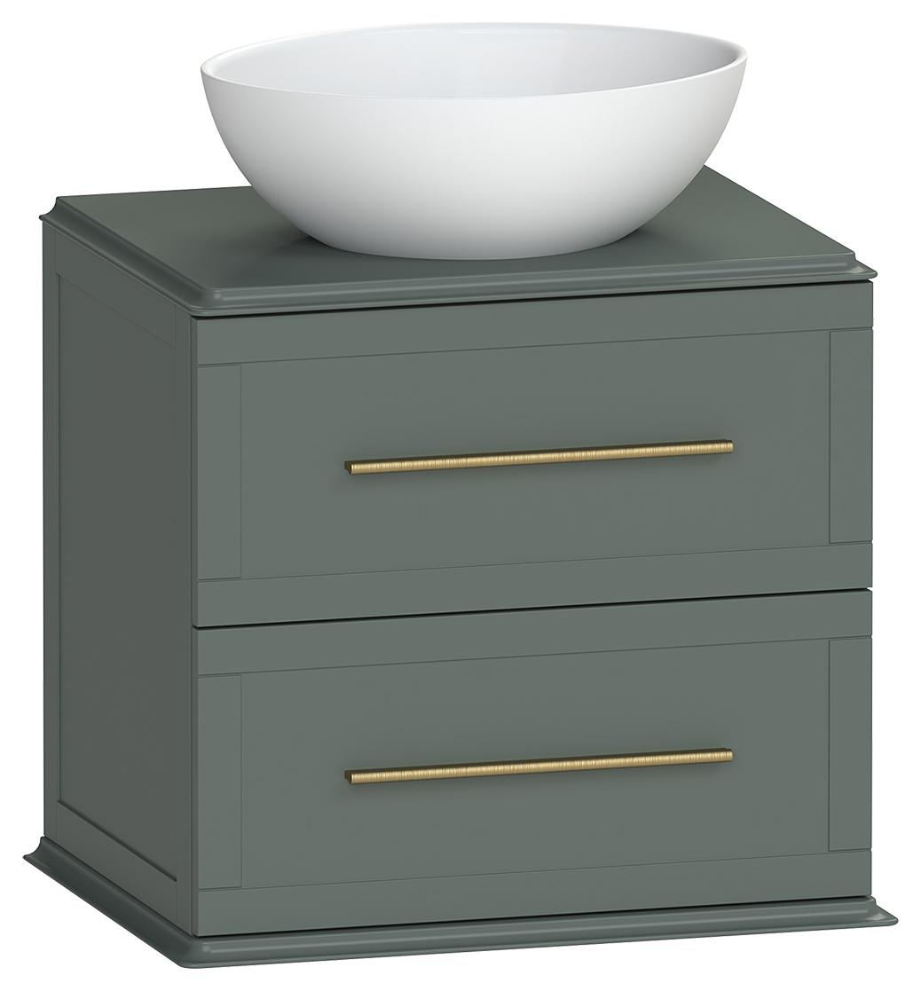 Duarti by Calypso Kentchurch Juniper Green Wall Hung Vanity with Bredon Countertop Basin, Worktop & Brass Handles - 600mm