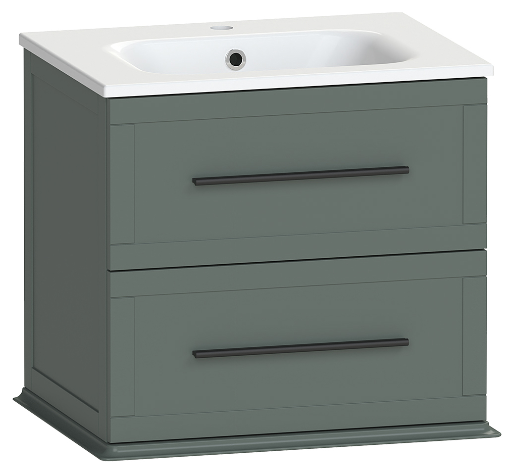 Duarti by Calypso Kentchurch Juniper Green Wall Hung Vanity with Farley Recessed Basin & Black Handles - 600mm