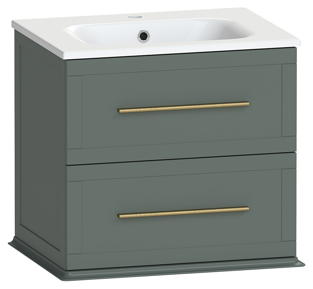 Duarti by Calypso Kentchurch Juniper Green Wall Hung Vanity with Farley Recessed Basin & Brass Handles - 600mm