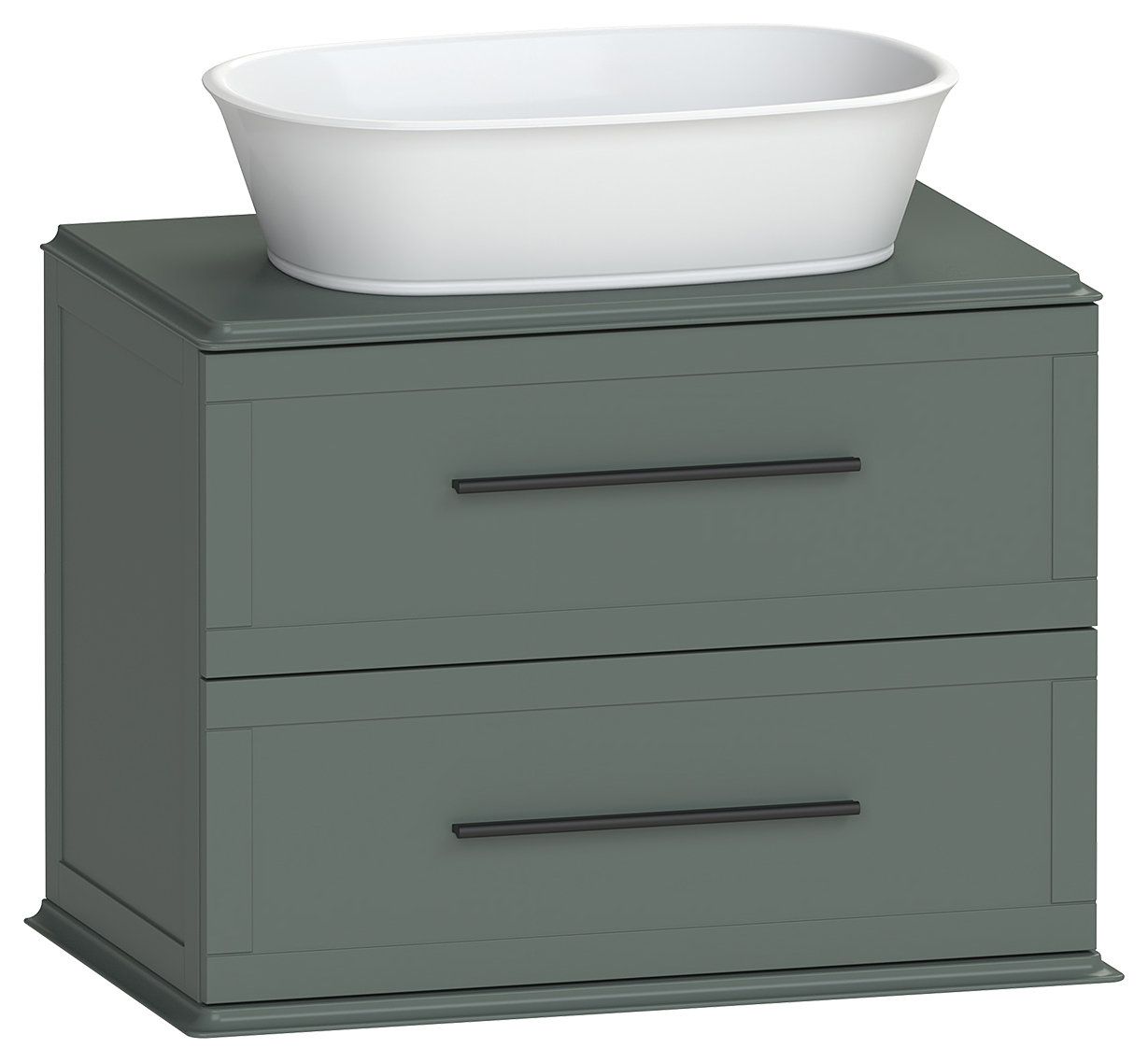 Duarti by Calypso Kentchurch Juniper Green Wall Hung Vanity with Hanbury Countertop Basin, Worktop & Black Handles - 750mm