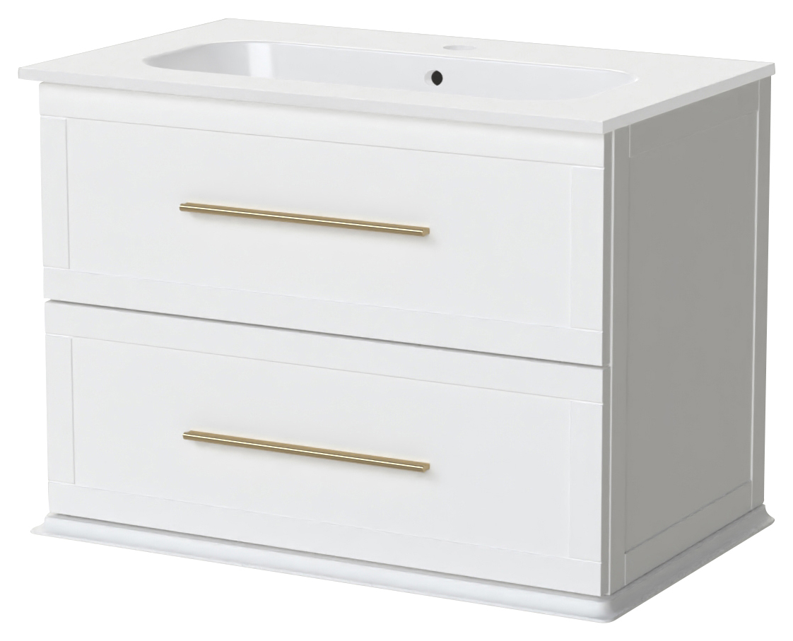 Duarti by Calypso Kentchurch Glacier White Wall Hung Vanity with Farley Recessed Basin & Brass Handles - 750mm