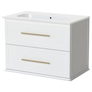 Duarti by Calypso Kentchurch Glacier White Wall Hung Vanity with Farley Recessed Basin & Brass Handles - 750mm