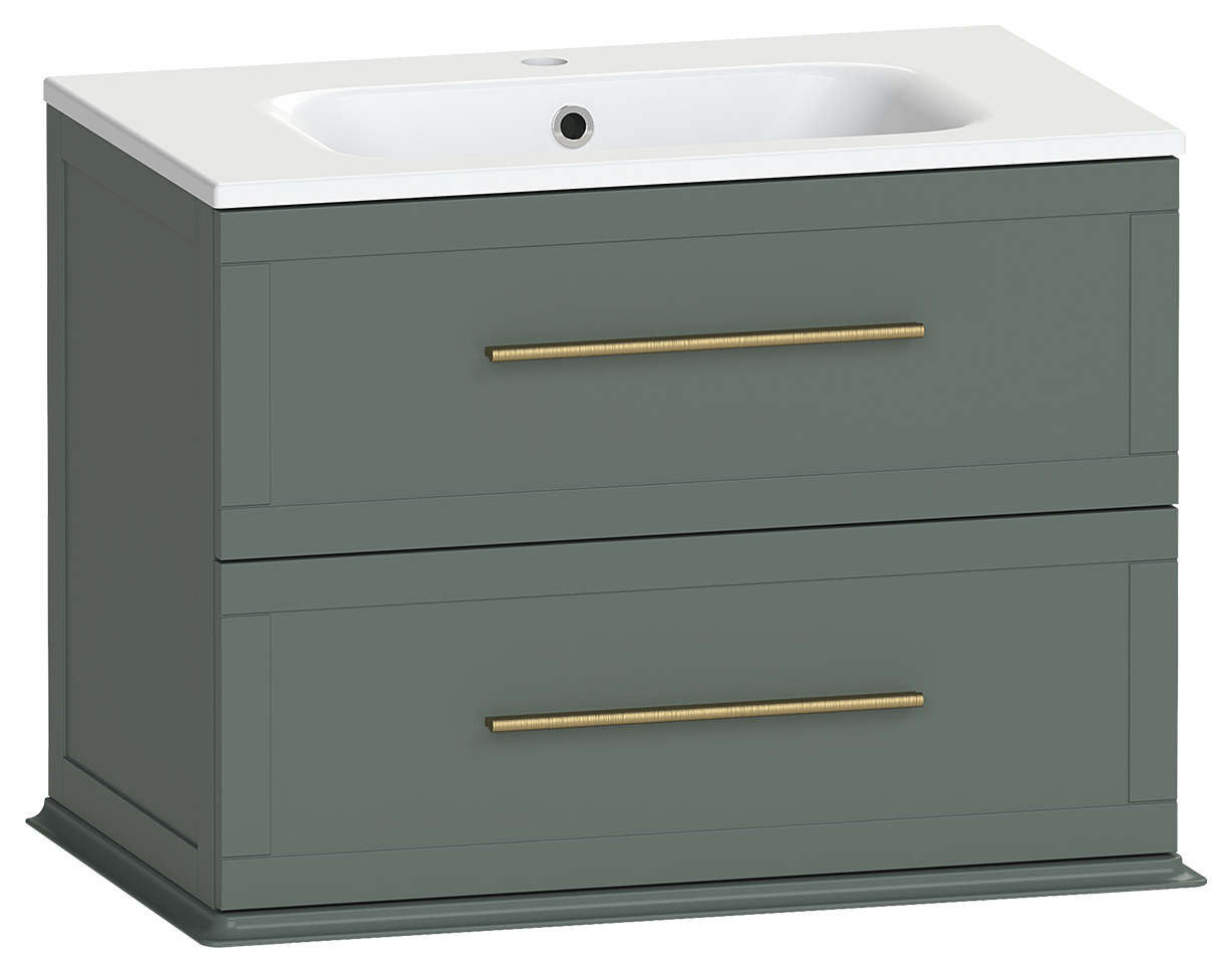 Duarti by Calypso Kentchurch Juniper Green Wall Hung Vanity with Farley Recessed Basin & Brass Handles - 750mm