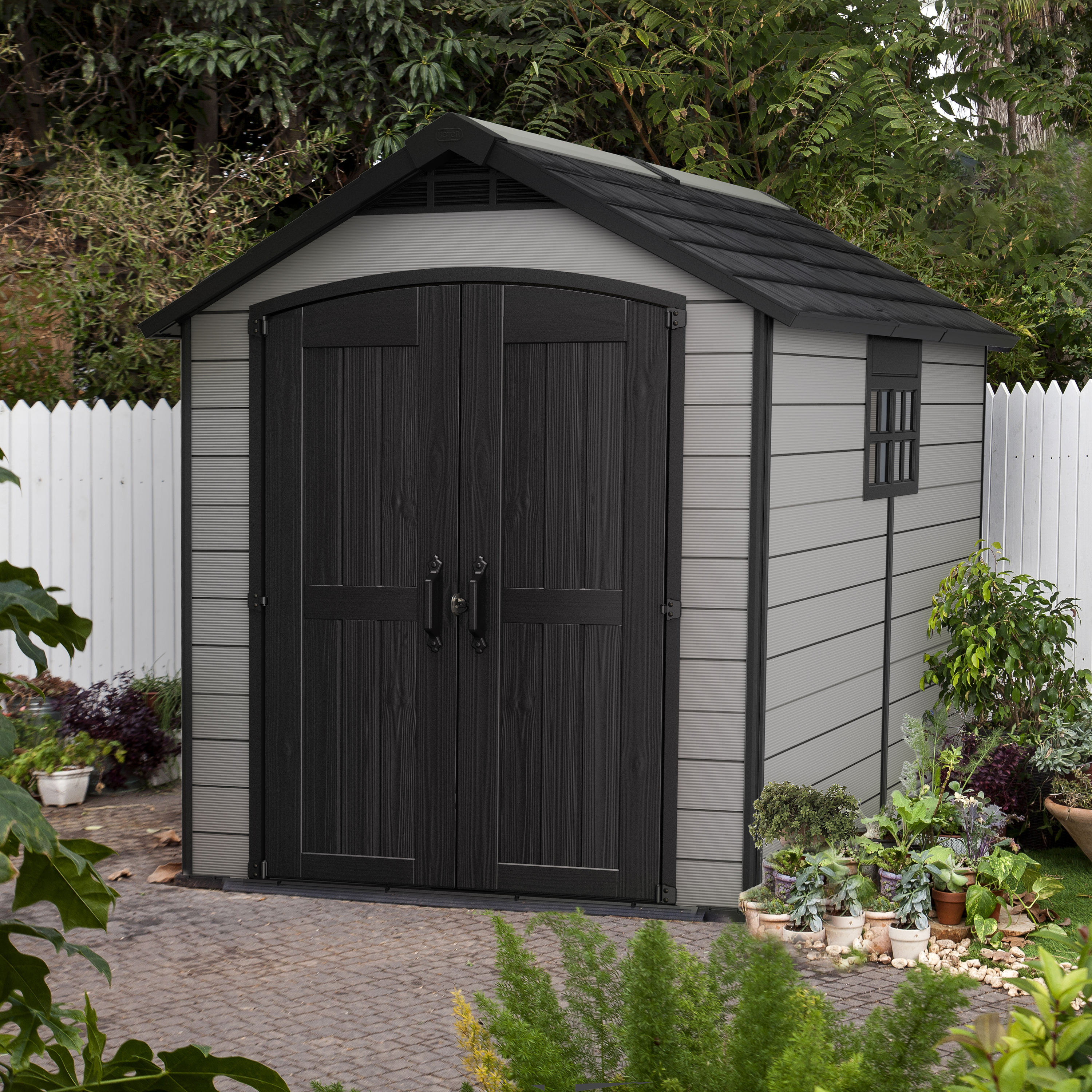 Keter Premier Double Door Outdoor Apex Plastic Garden Shed - 7.5 x 9ft