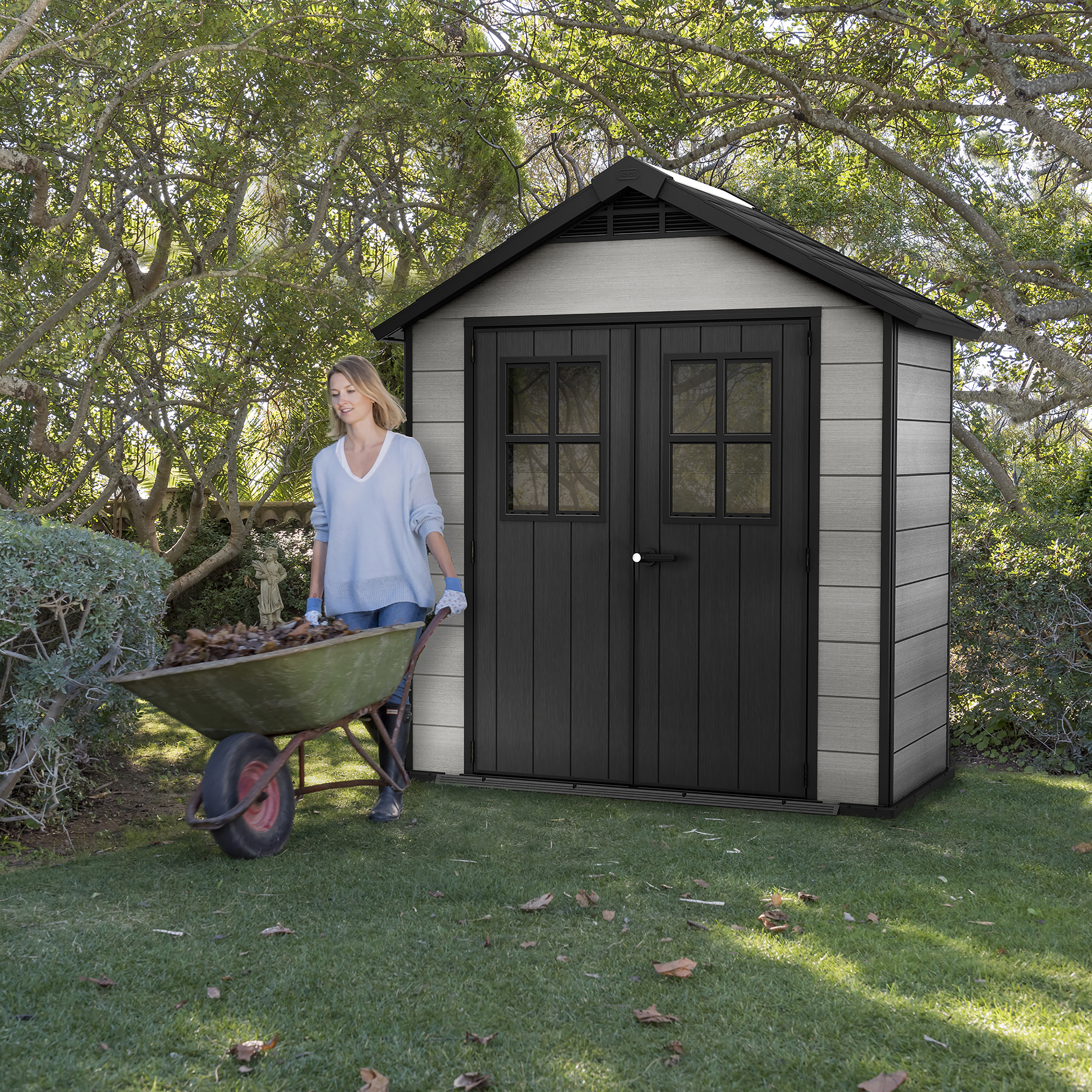 Image of Keter Oakland Double Door Outdoor Apex Plastic Garden Shed - 7.5 x 4ft