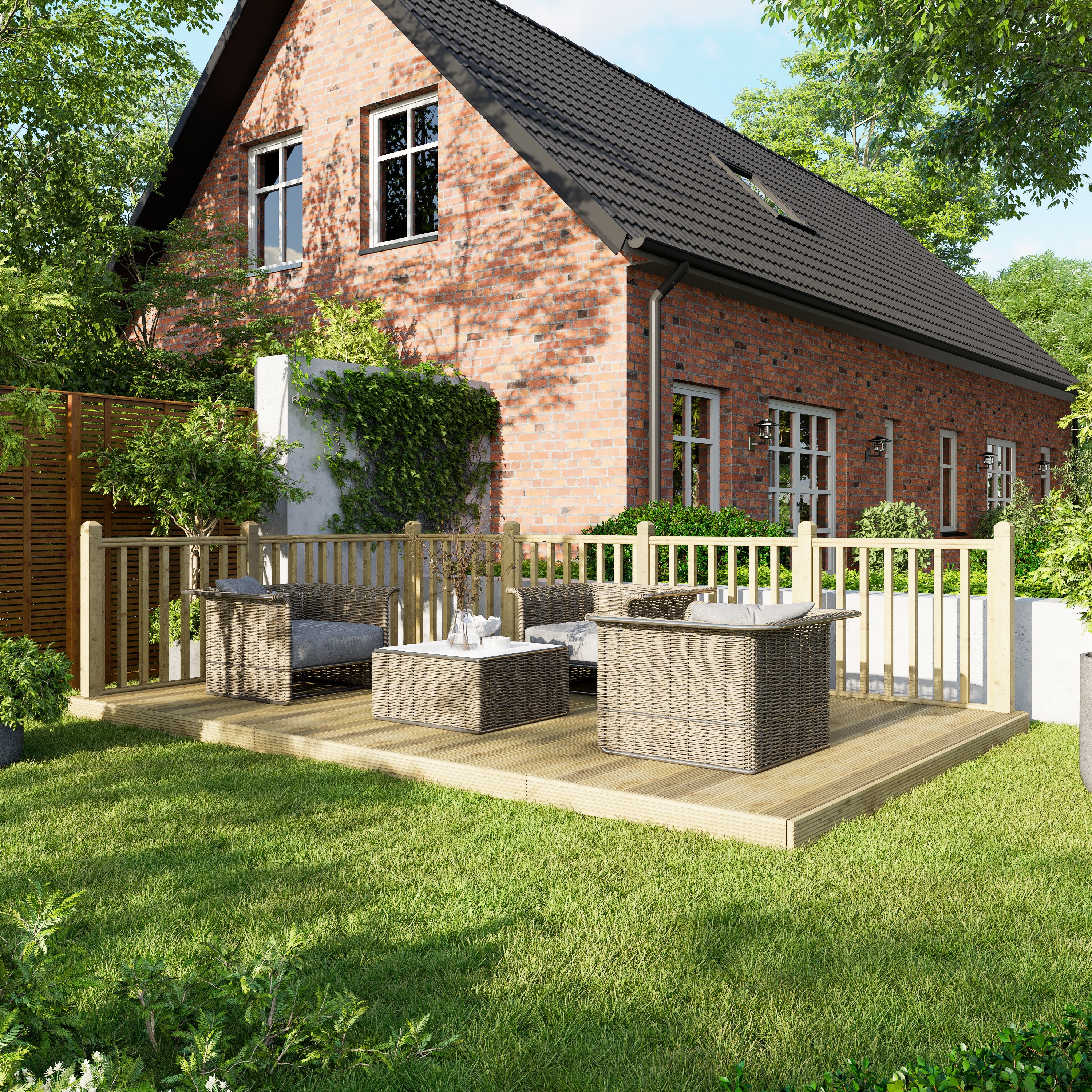 Power Timber Decking Kit Handrails on Two Sides - 3 x 4.8m