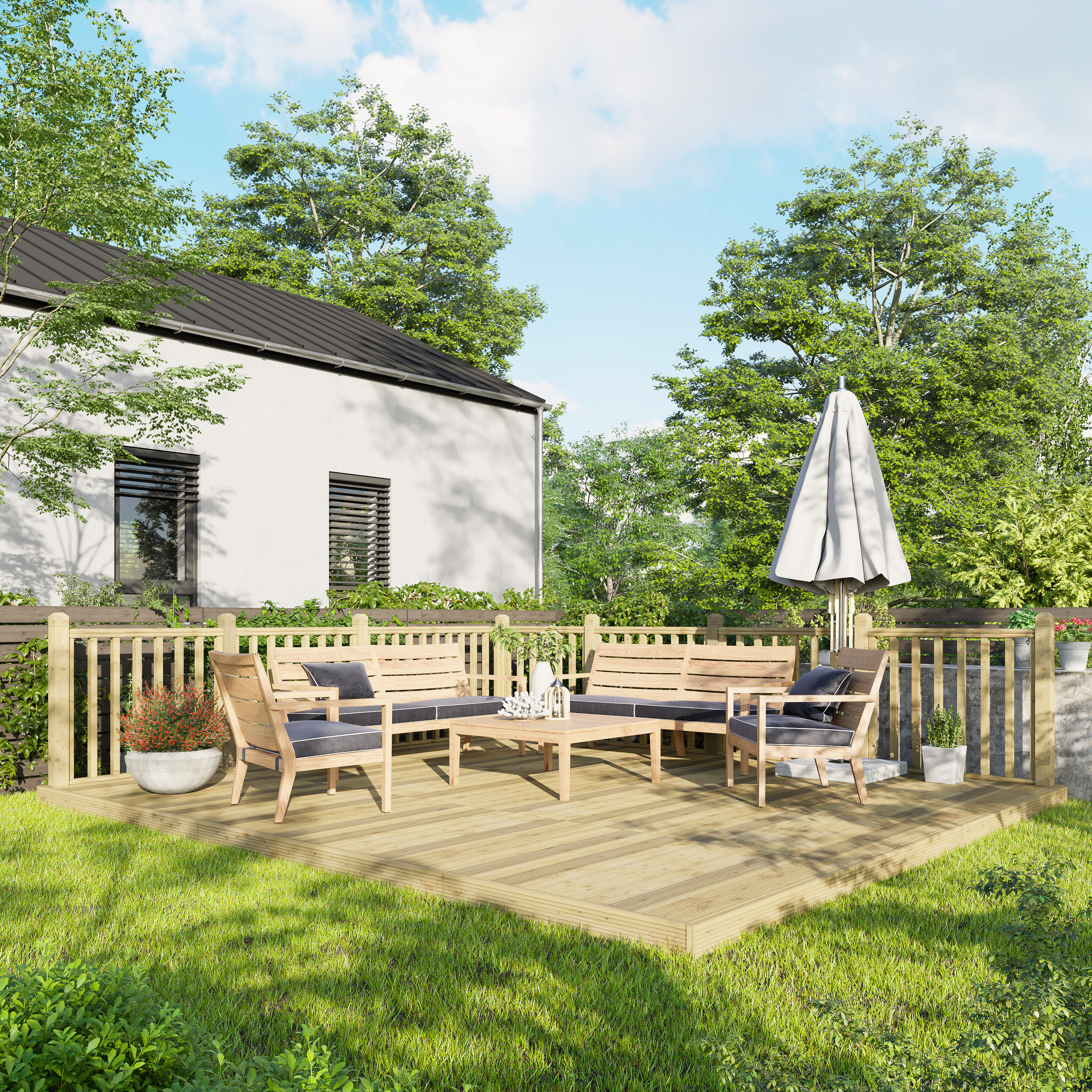 Power Timber Decking Kit Handrails on Two Sides - 4.2 x 4.8m