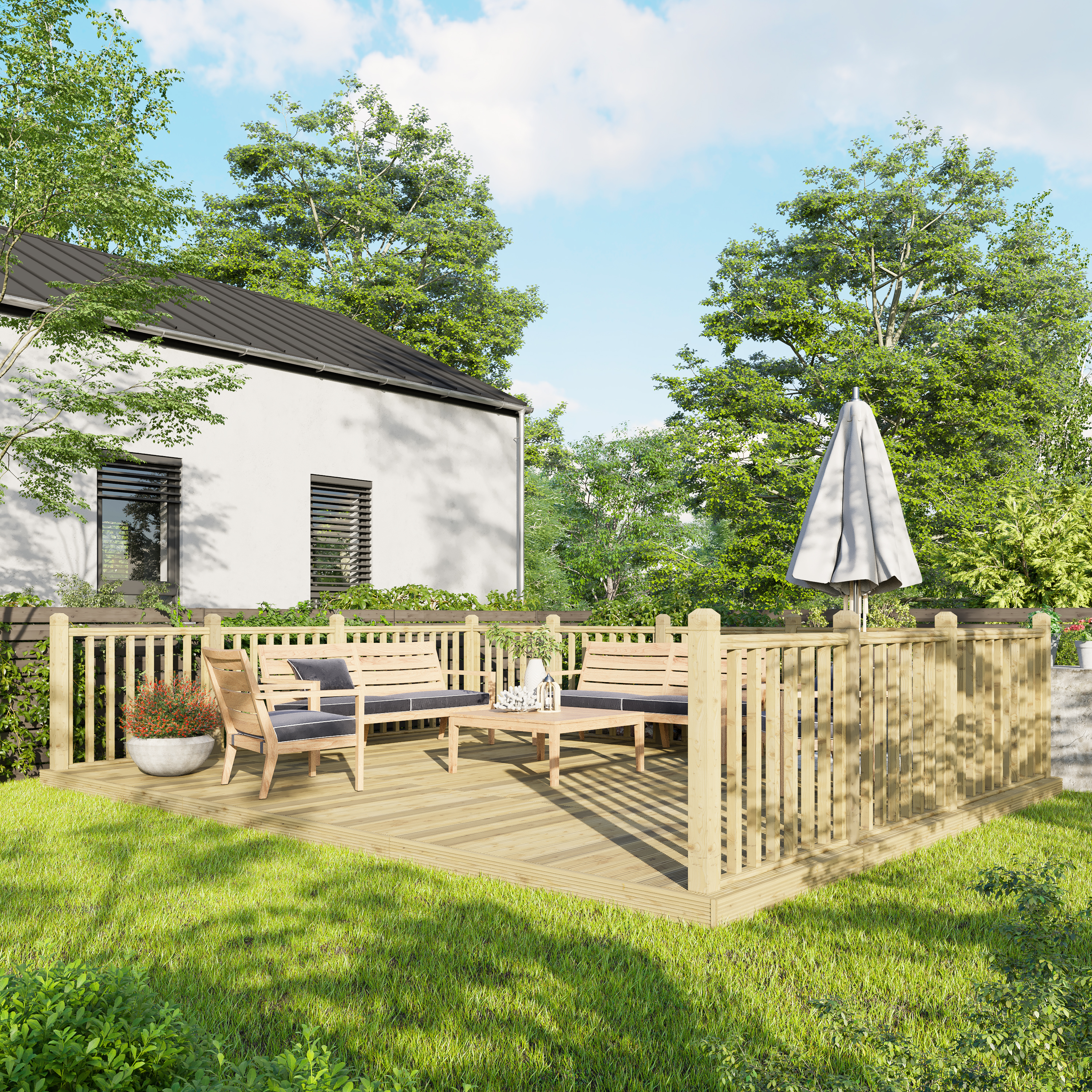 Power Timber Decking Kit Handrails on Three Sides - 4.2 x 5.4m