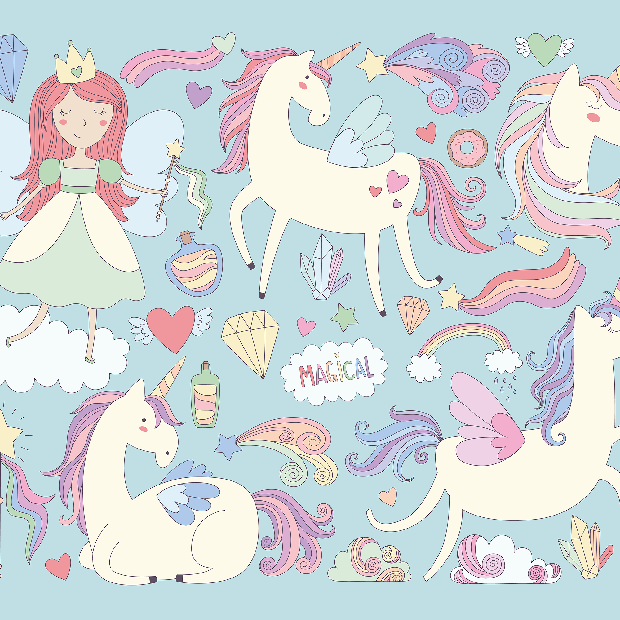 Origin Murals Princess Unicorn Blue Wall Mural - 3 x 2.4m