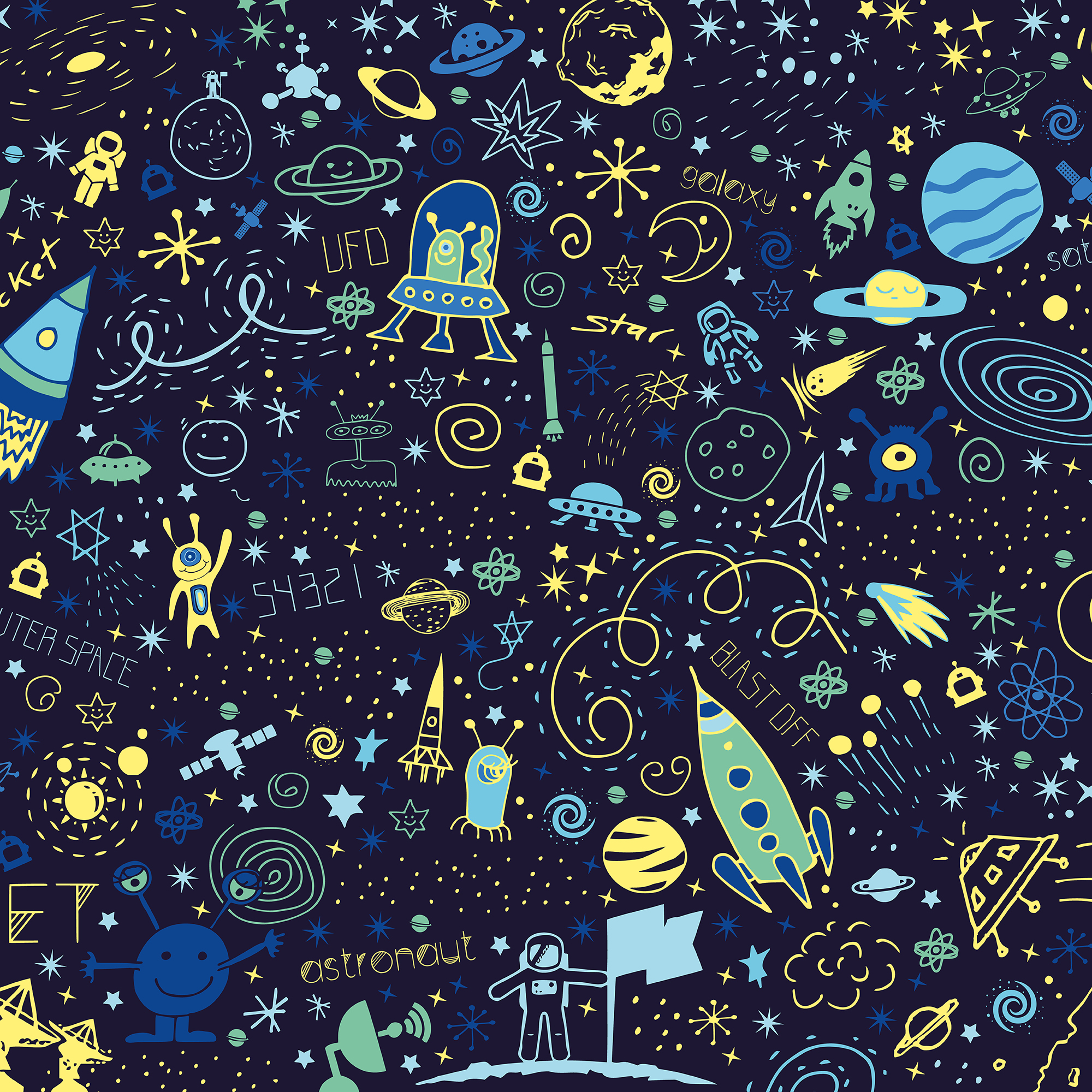 Origin Murals Space Doodle Text Navy Blue Wall Mural - 3 x 2.4m