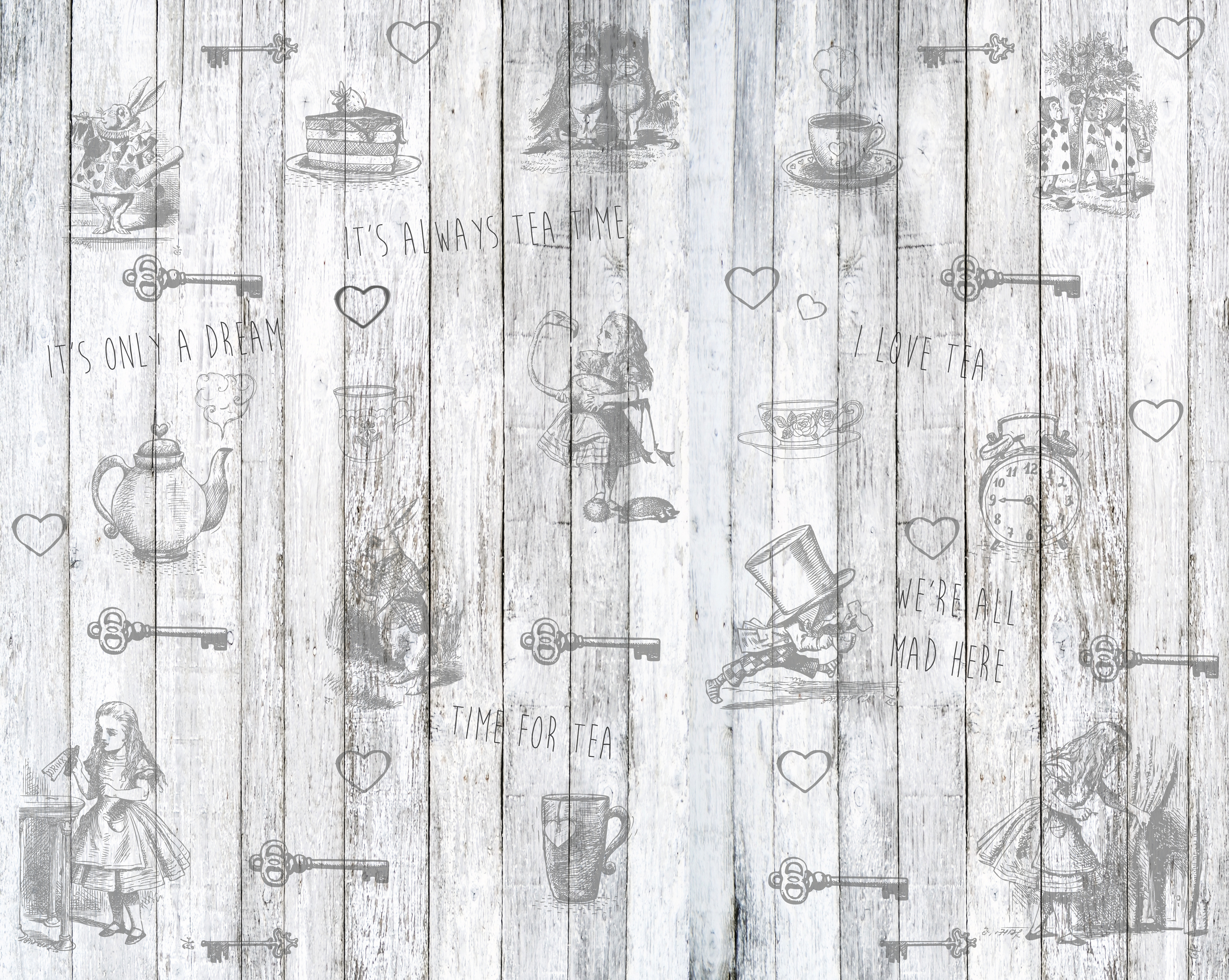 Image of Origin Murals Alice In Wonderland Vintage Wood White Wall Mural - 3.5 x 2.8m