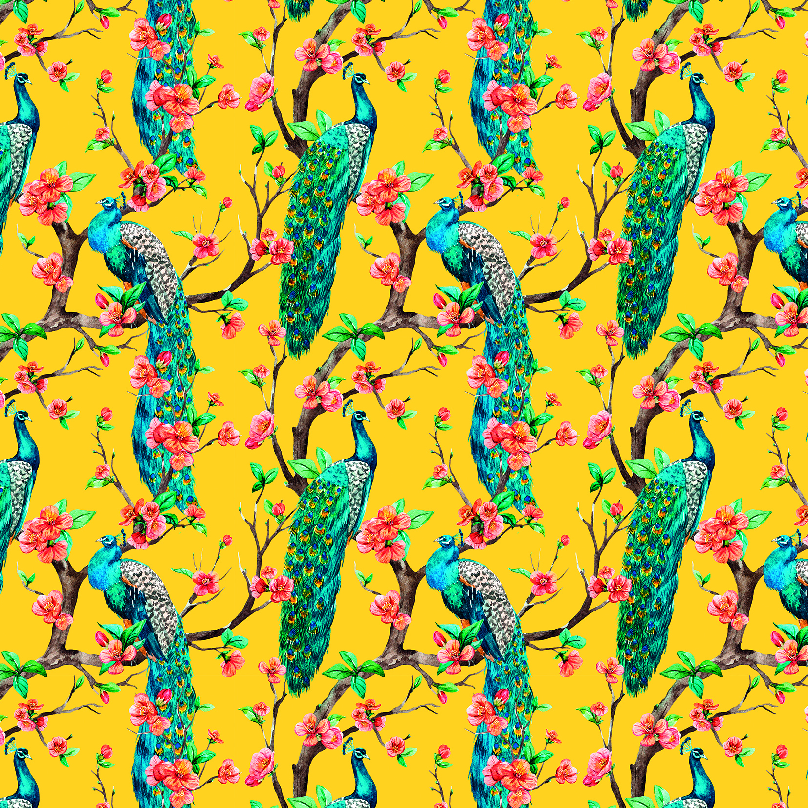 Origin Murals Flowery Peacocks Yellow Wall Mural - 3.5 x 2.8m