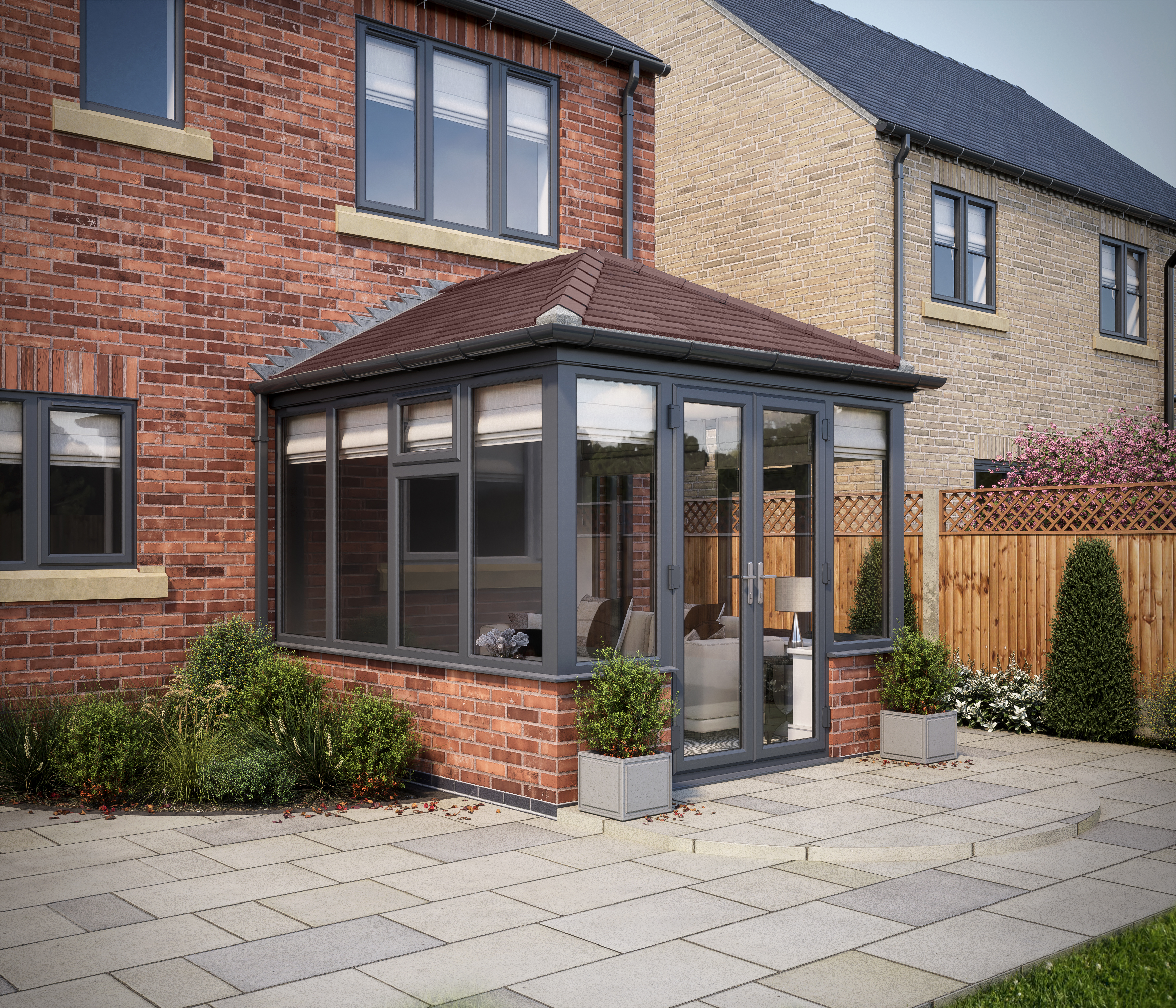 Image of SOLid Roof Edwardian Conservatory Grey Frames Dwarf Wall with Rustic Brown Tiles - 13 x 13ft