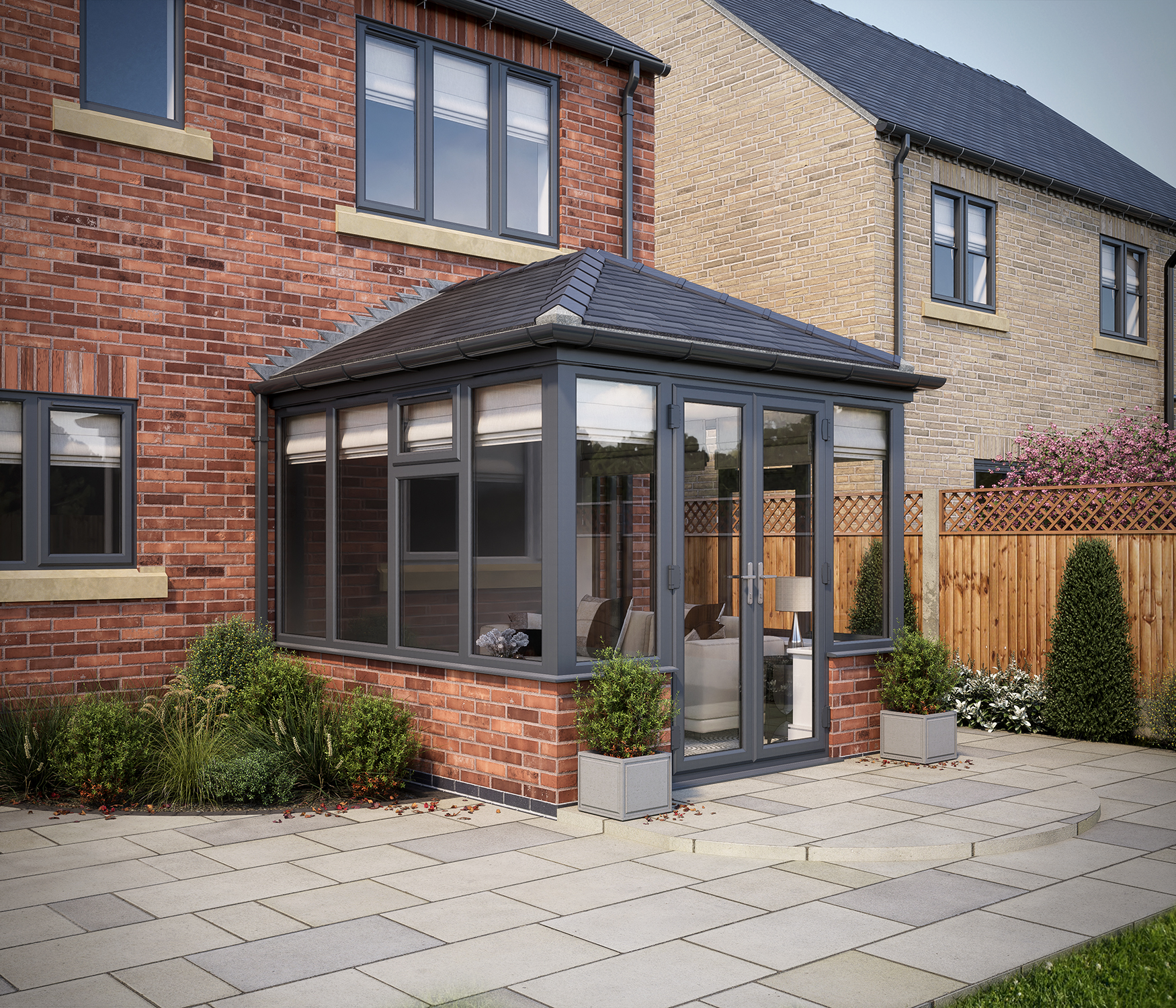 SOLid roof Edwardian Conservatory Grey Frames Dwarf Wall with Titanium Grey Tiles