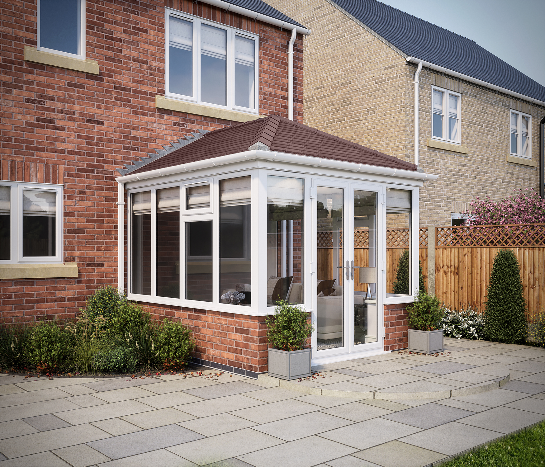 SOLid Roof Edwardian Conservatory White Frames Dwarf Wall with Rustic Brown Tiles - 13 x 10ft
