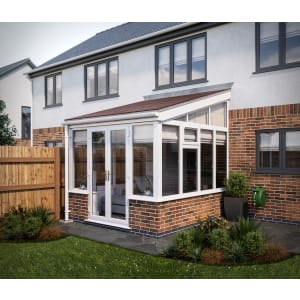 SOLid roof Lean to Conservatory White Frames Dwarf Wall with Rustic Brown Tiles