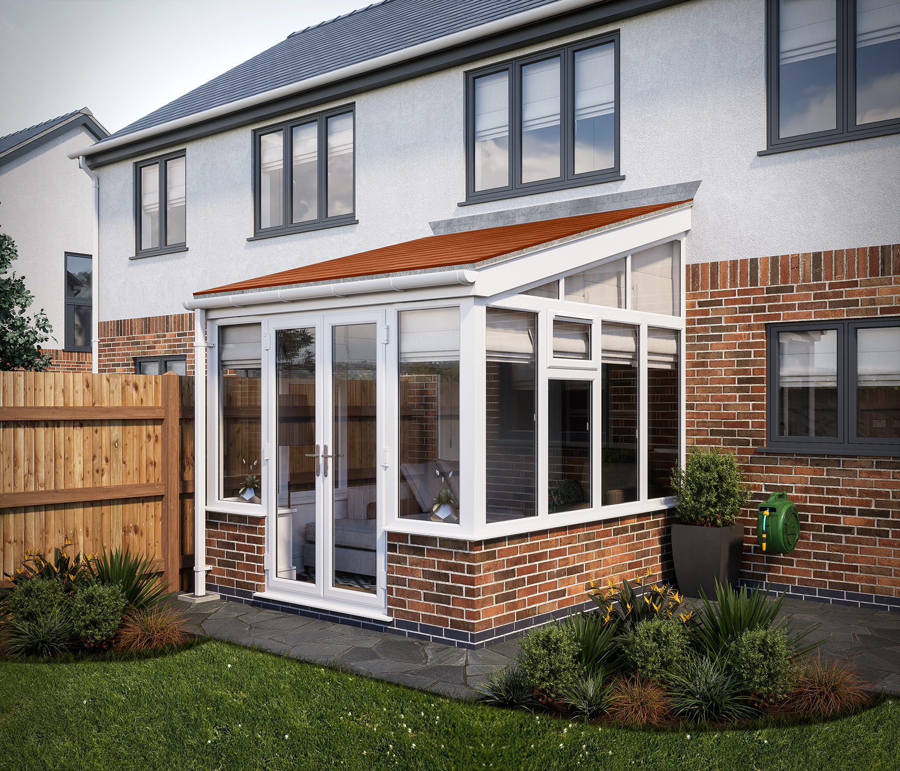 Image of SOLid Roof Lean to Conservatory White Frames Dwarf Wall with Rustic Terracotta Tiles - 10 x 10ft