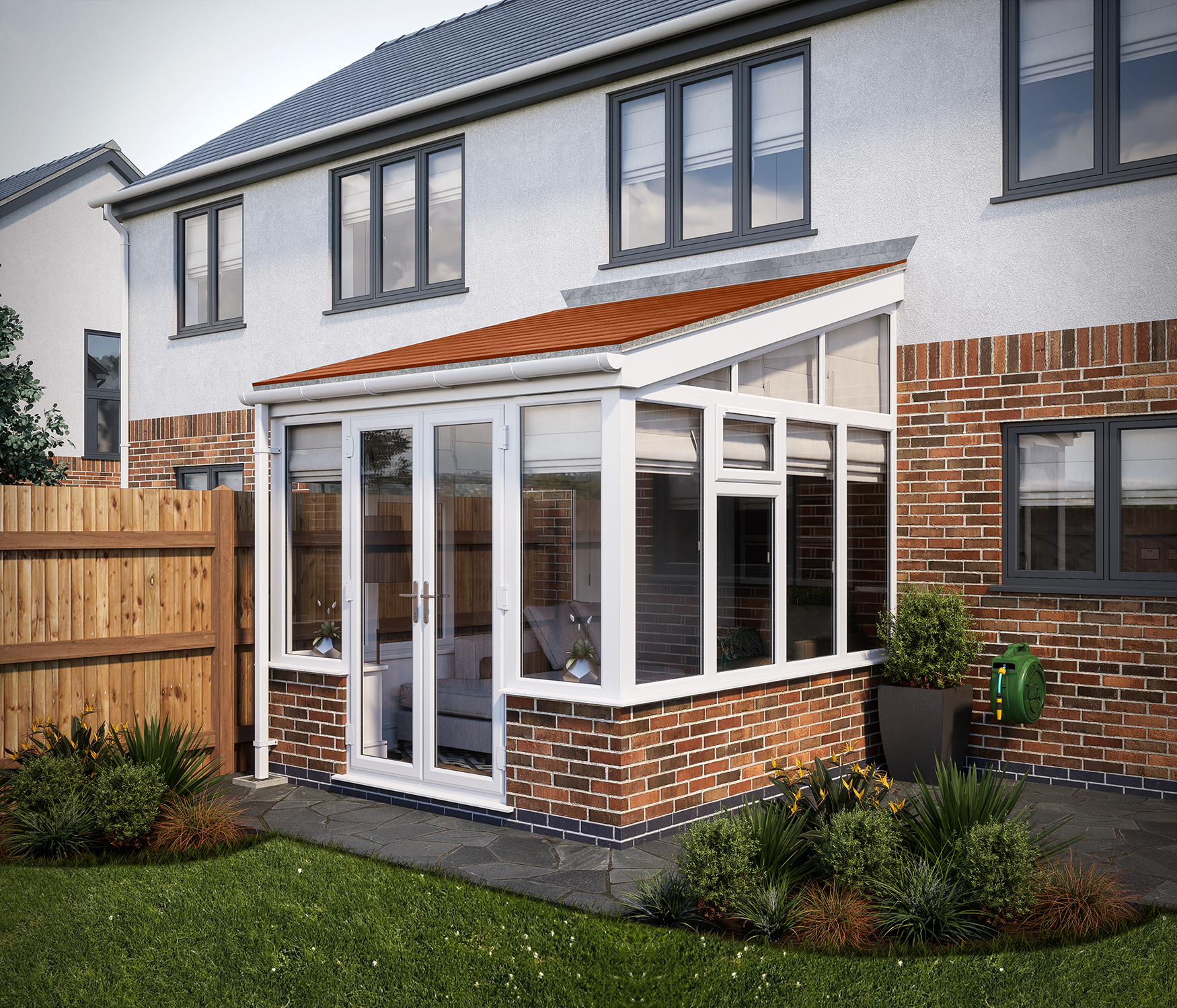 SOLid roof Lean to Conservatory White Frames Dwarf Wall with Rustic Terracotta Tiles