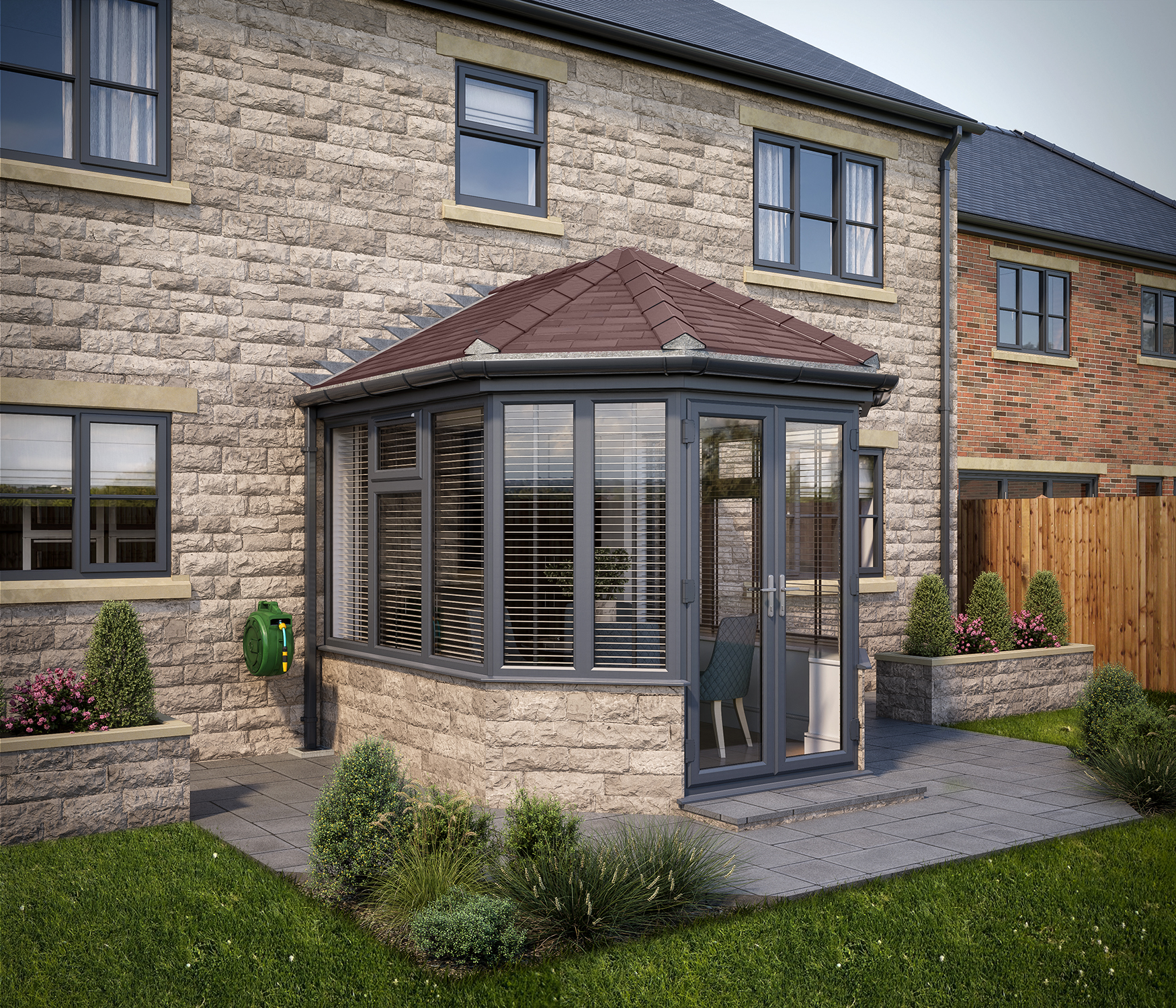 SOLid roof Victorian Conservatory Grey Frames Dwarf Wall with Rustic Brown Tiles