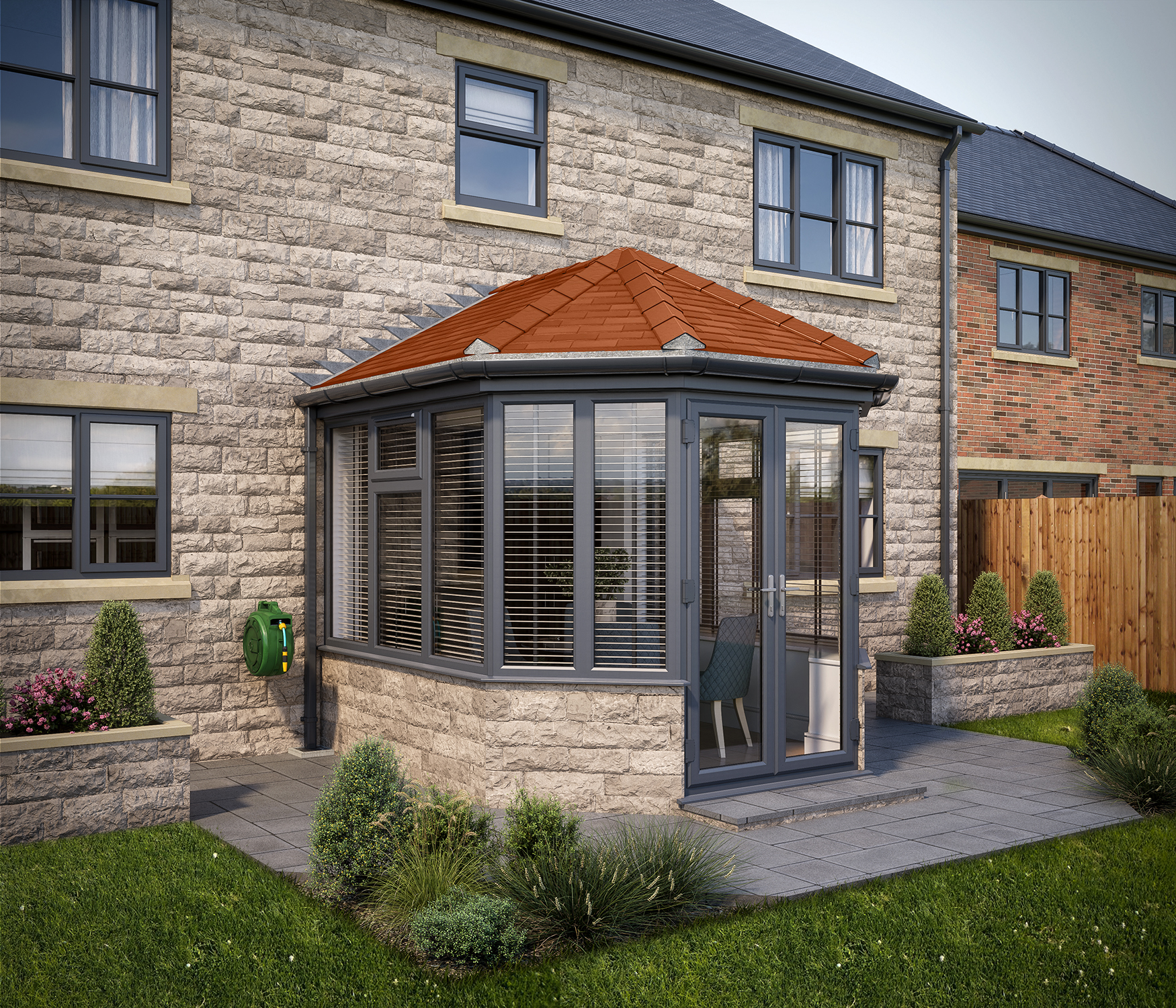 SOLid roof Victorian Conservatory Grey Frames Dwarf Wall with Rustic Terracotta Tiles