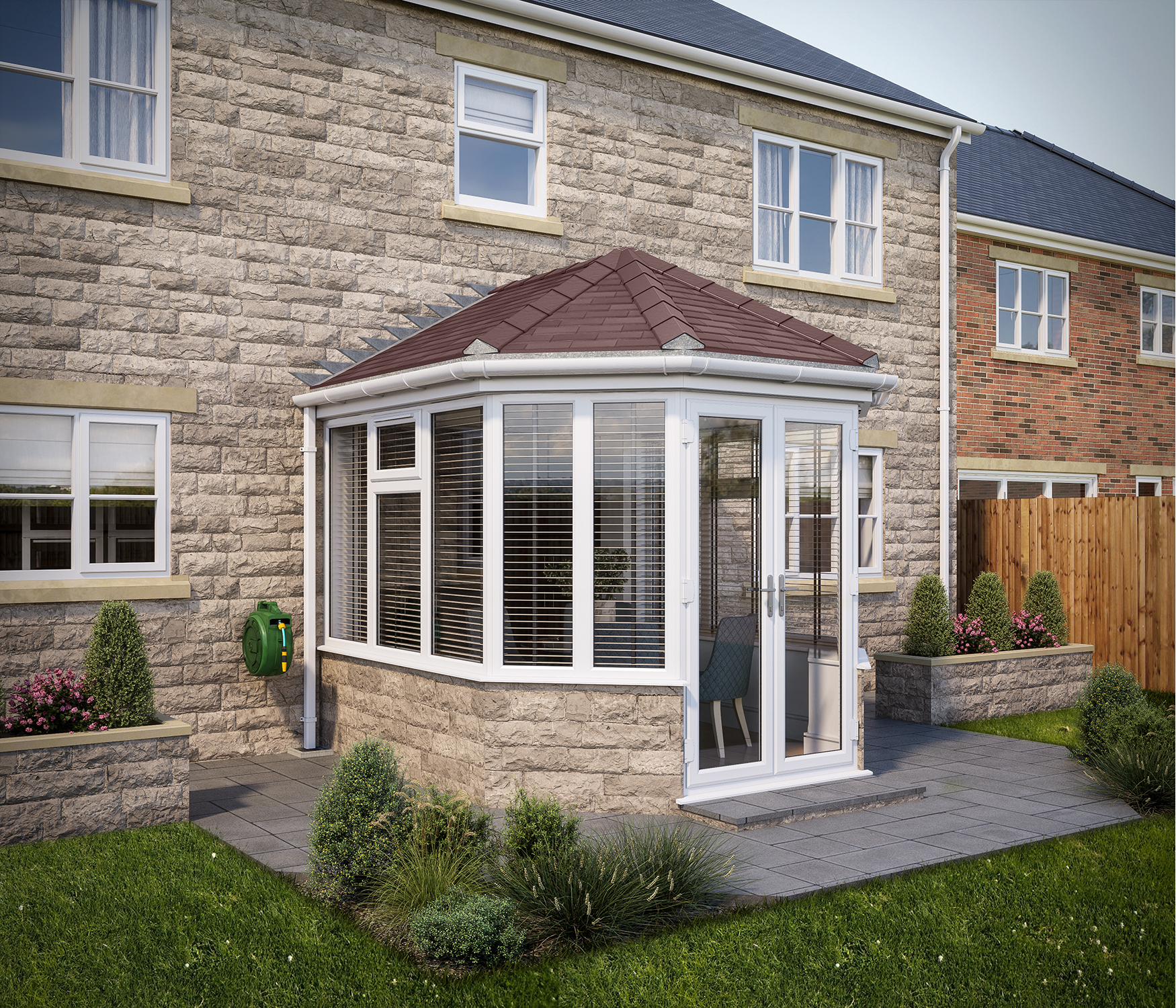 Image of SOLid Roof Victorian Conservatory White Frames Dwarf Wall with Rustic Brown Tiles - 10 x 10ft