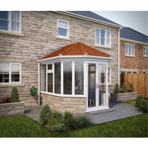 SOLid Roof Victorian Conservatory White Frames Dwarf Wall with Rustic Terracotta Tiles - 10 x 10ft