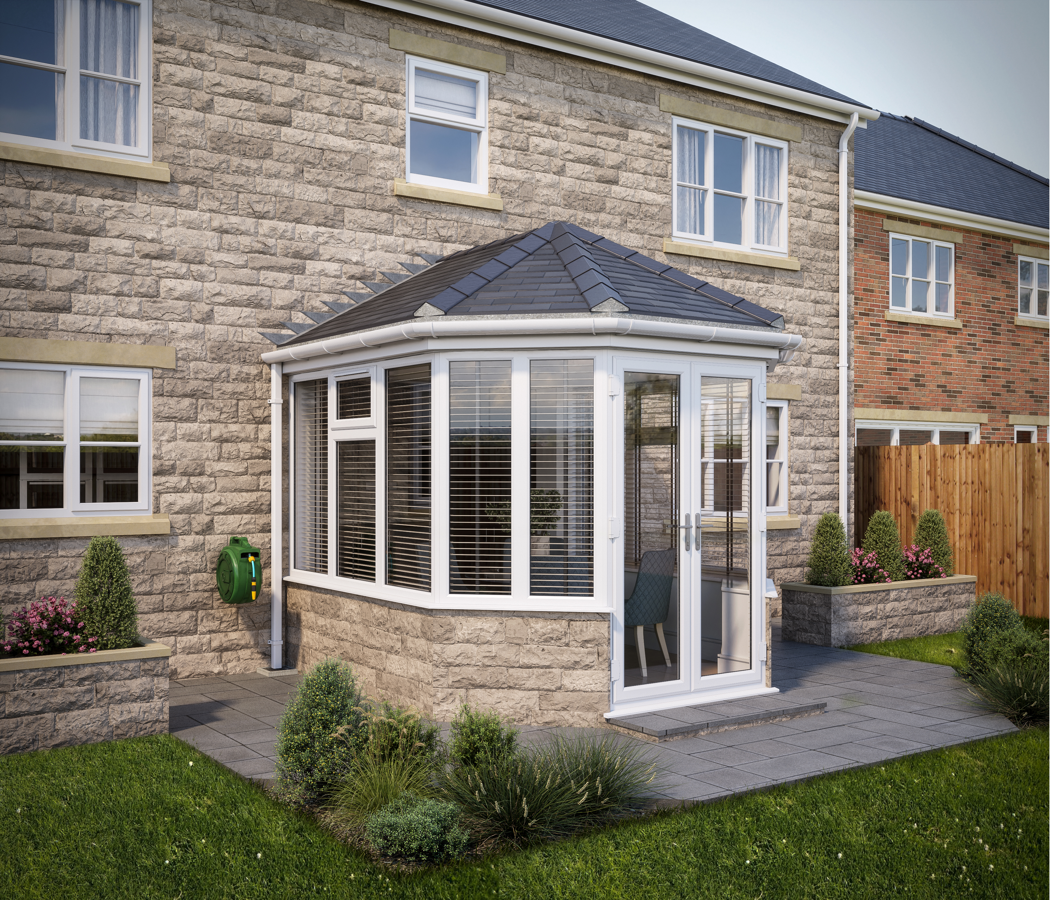 SOLid roof Victorian Conservatory White Frames Dwarf Wall with Titanium Grey Tiles