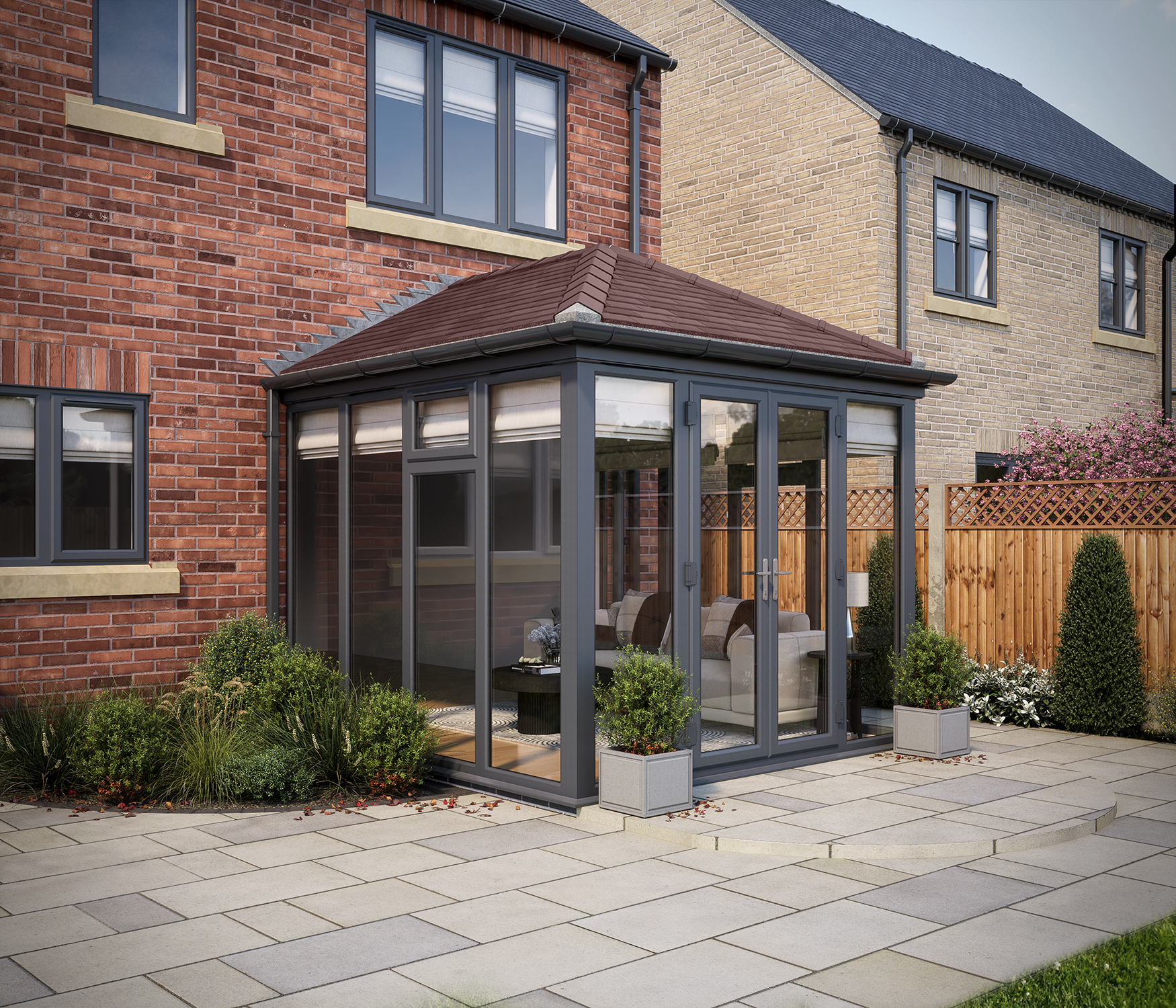 SOLid Roof Full Height Edwardian Conservatory Grey Frames with Rustic Brown Tiles - 13 x 13ft