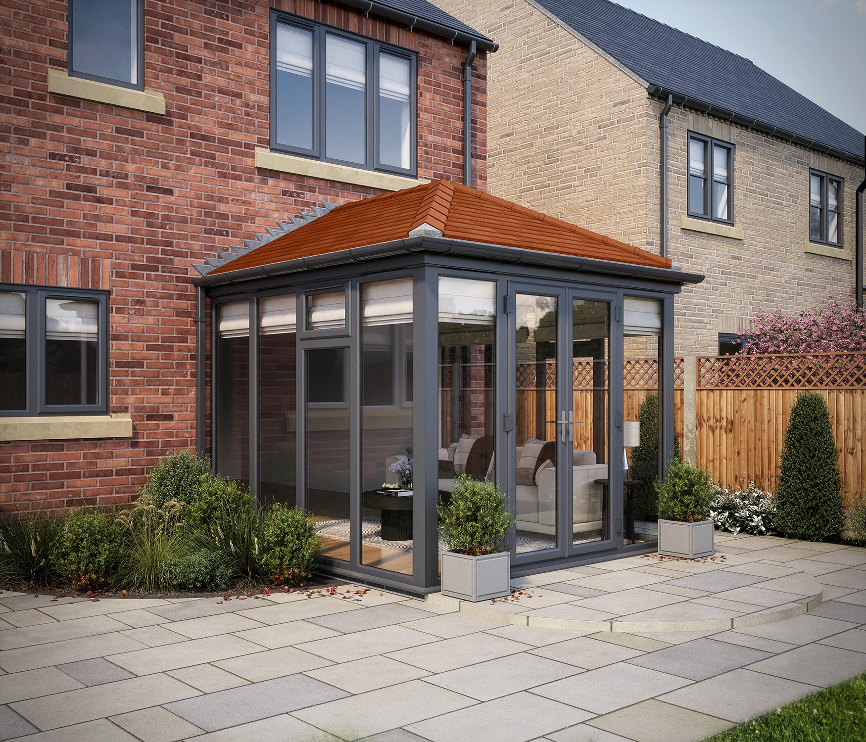 Image of SOLid Roof Full Height Edwardian Conservatory Grey Frames with Rustic Terracotta Tiles - 13 x 13ft
