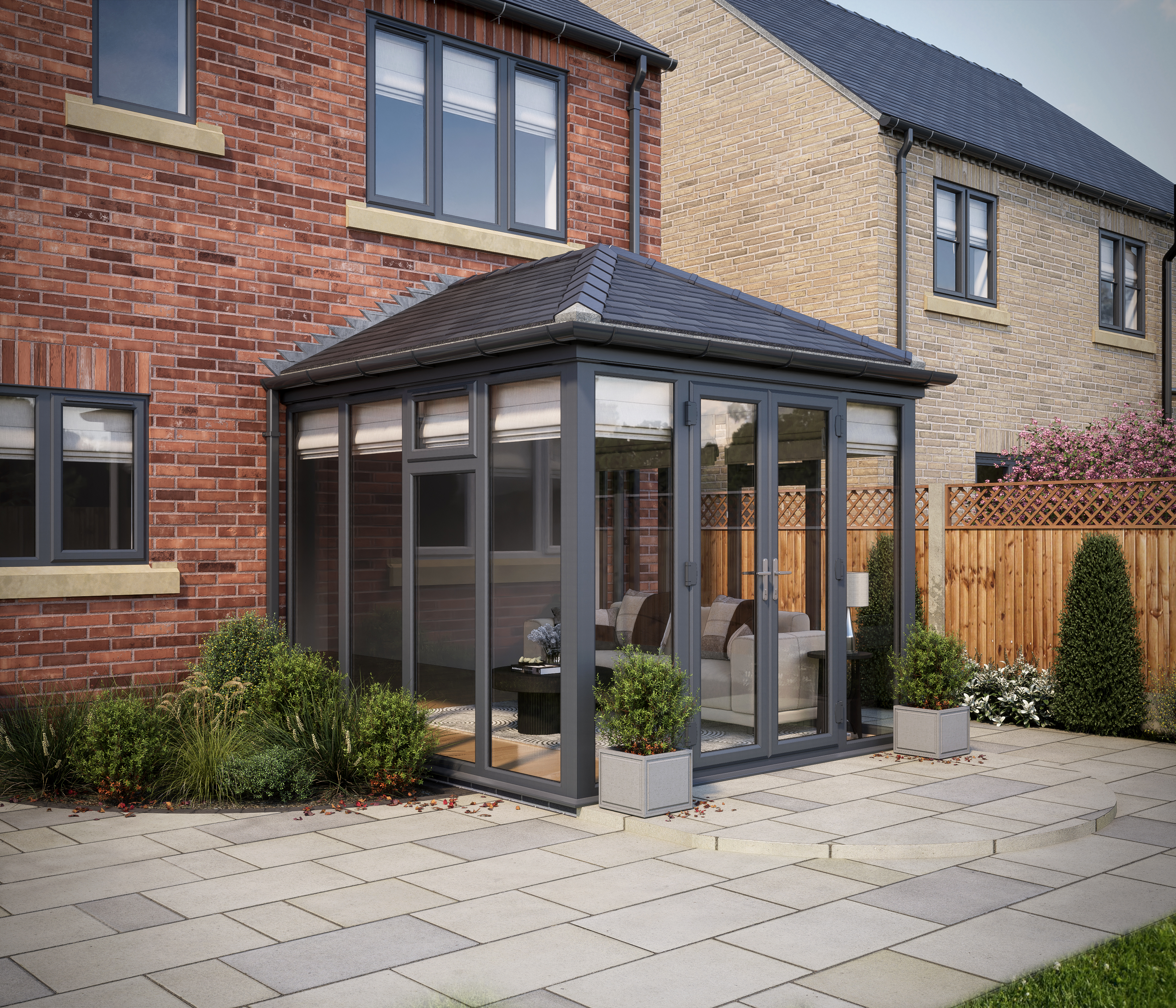 SOLid roof Full height Edwardian Conservatory Grey Frames with Titanium Grey Tiles