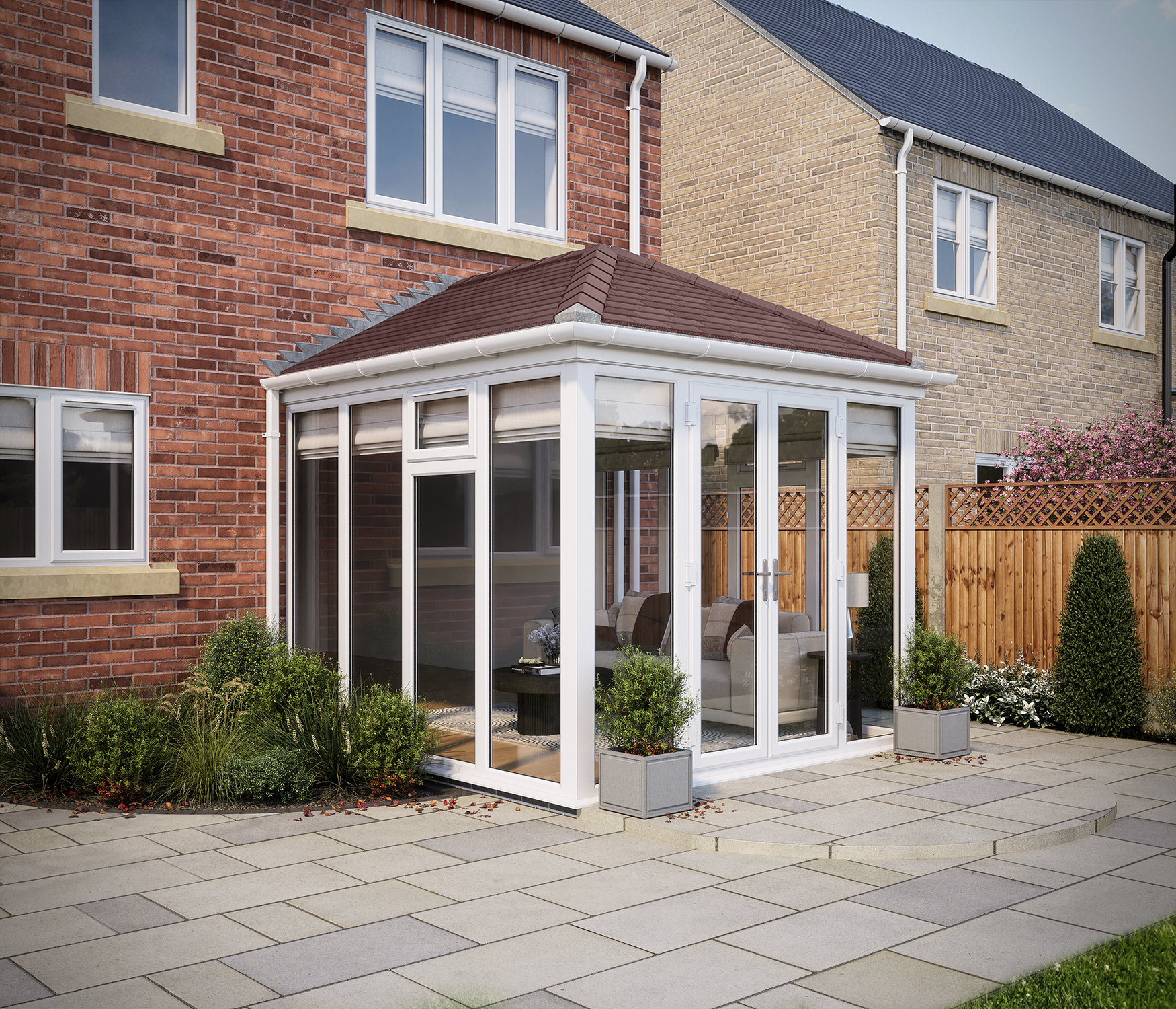 Image of SOLid Roof Full Height Edwardian Conservatory White Frames with Rustic Brown Tiles - 10 x 10ft