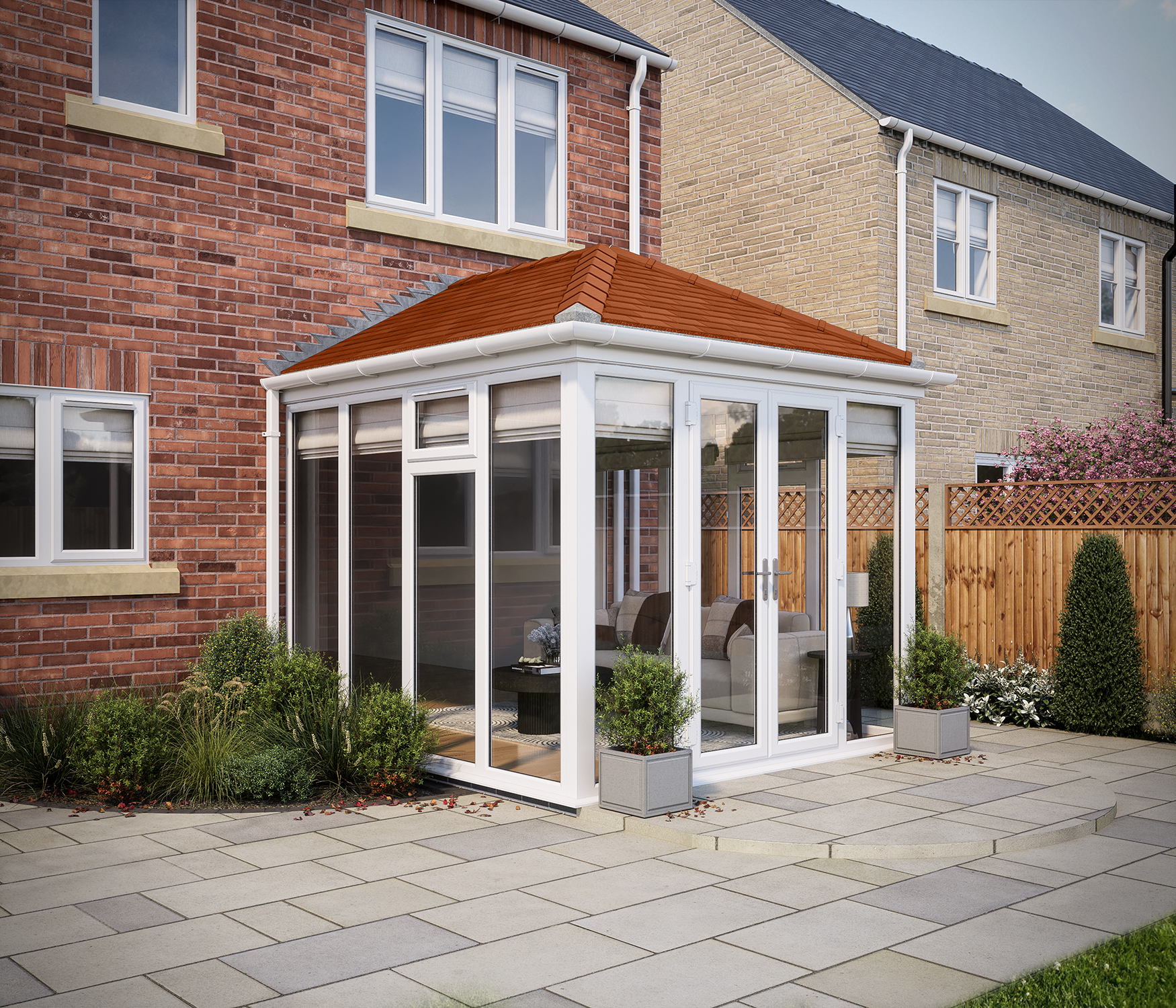 Image of SOLid Roof Full Height Edwardian Conservatory White Frames with Rustic Terracotta Tiles - 13 x 10ft