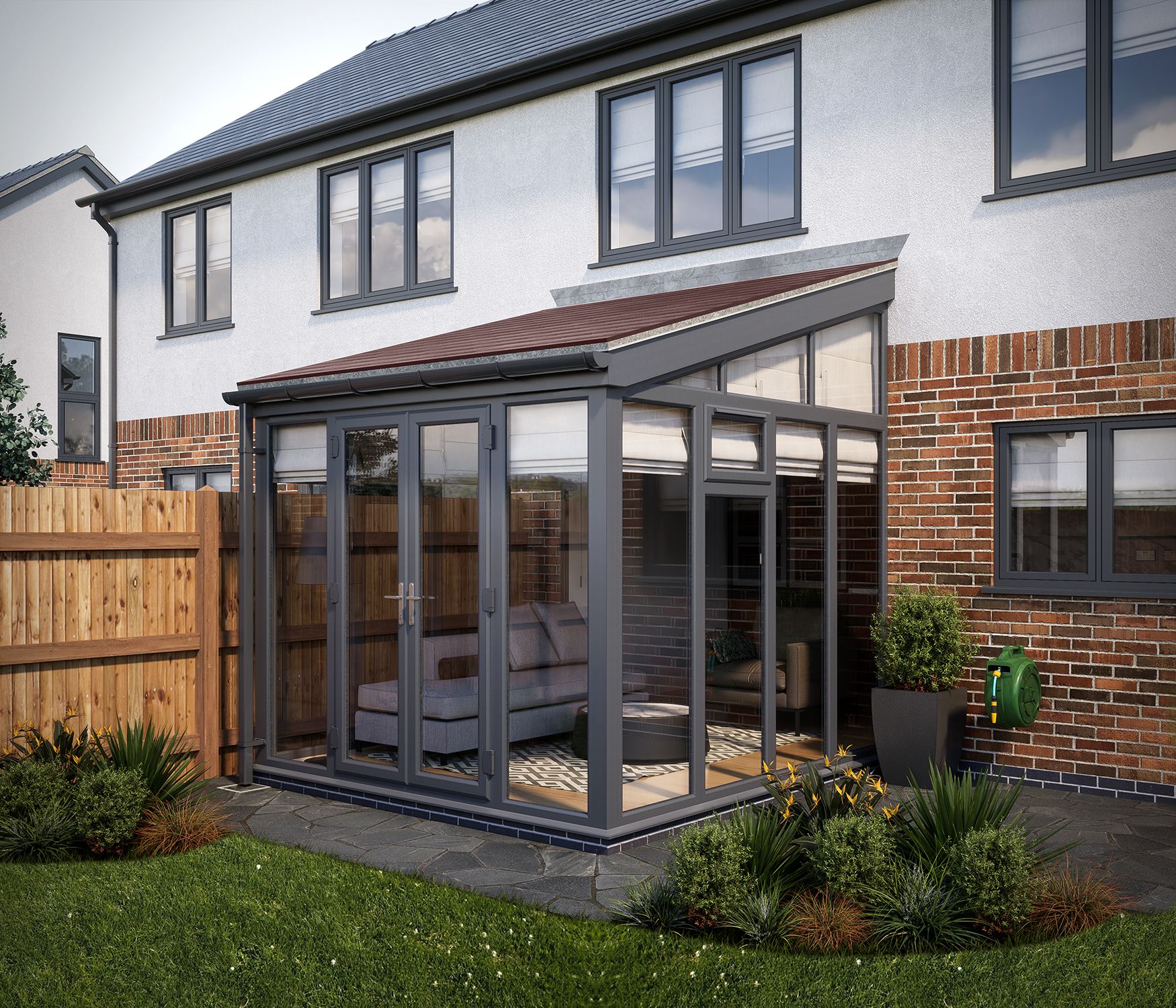 SOLid roof Full height Lean to Conservatory Grey Frames with Rustic Brown Tiles