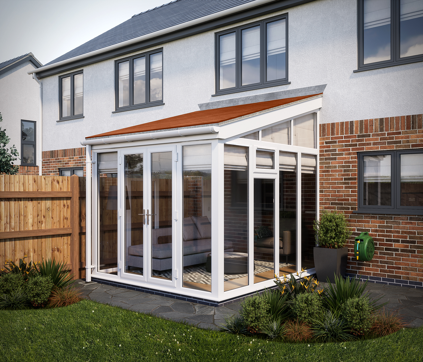 SOLid roof Full Height Lean to Conservatory White Frames with Rustic Terracotta Tiles