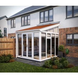 Image of SOLid Roof Full Height Lean to Conservatory White Frames with Rustic Terracotta Tiles - 13 x 13ft