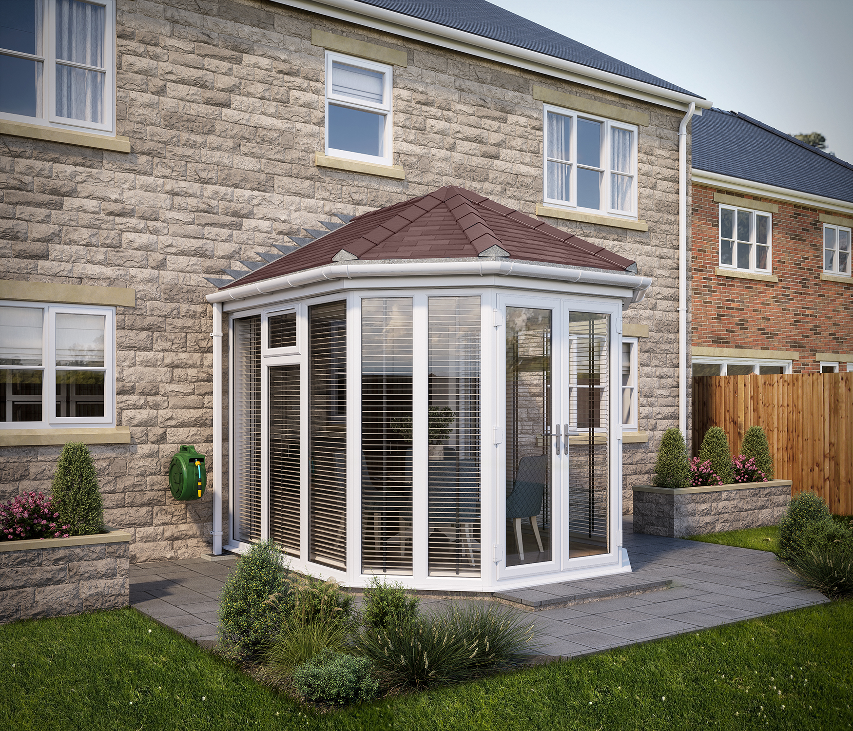 Image of SOLid Roof Full Height Victorian Conservatory White Frames with Rustic Brown Tiles - 10 x 10ft